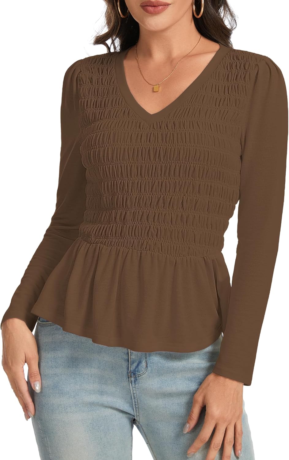 Long Sleeve Shirts for Women V Neck Casual Ruffle Fitted Elastic Blouses Lightweight Tops Women's Work Dress Shirts