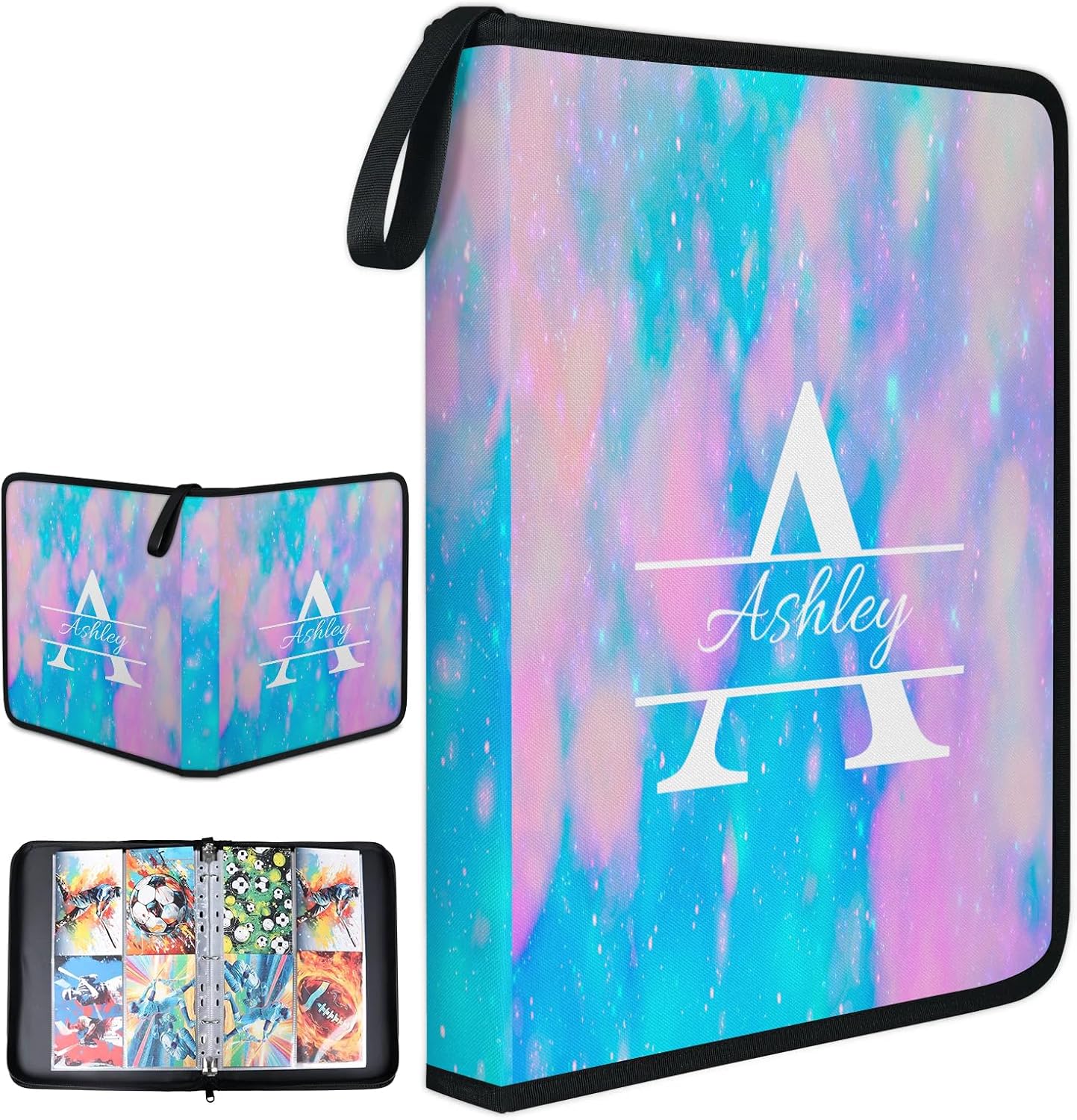 Custom 4 Pocket Card Binder Personalized Initial Trading Card Folders with 50 Pages Hold up to 400 Cards Zipper Card Holder Collector Album, Blue Pink Glitter