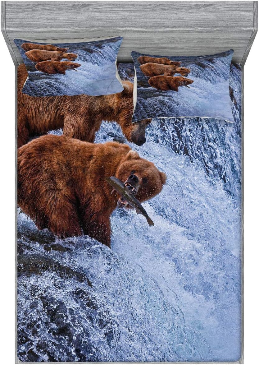 Ambesonne Africa Fitted Sheet & Pillow Sham Set, Grizzly Bears Fishing in The River Waterfalls Cascade in Alaska Nature Camp View, Decorative Printed 3 Piece Bedding Decor Set, Full, Brown Blue