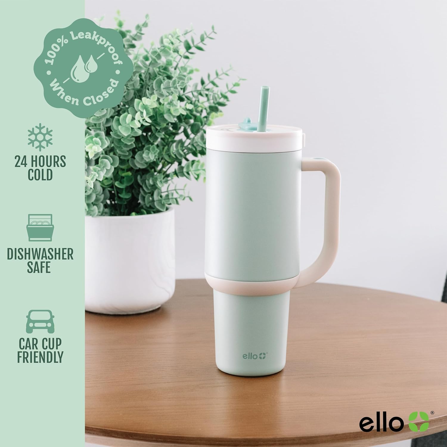 Ello Oasis 40 oz Tumbler with Handle & Retracting Straw | Reusable Insulated Stainless Steel Cup 100% Leakproof, Gifts for Teens Women Men | Keeps cold for 20 Hours, Cup Holder Friendly, Pistachio - Image 5