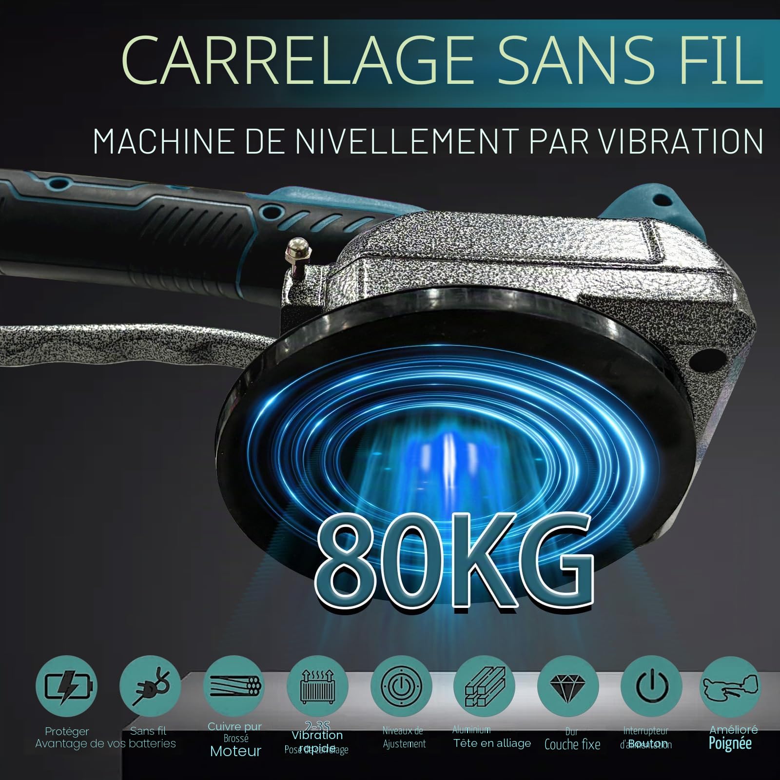 Machine à carreler pour Makita 18V, vibrateur de carrelage électrique avec ventouse de 4,7 x 4,7 pouces, 5 vitesses réglables, capacité de 80 kg, machine à carreler, adaptée aux carreaux de 39 pouces