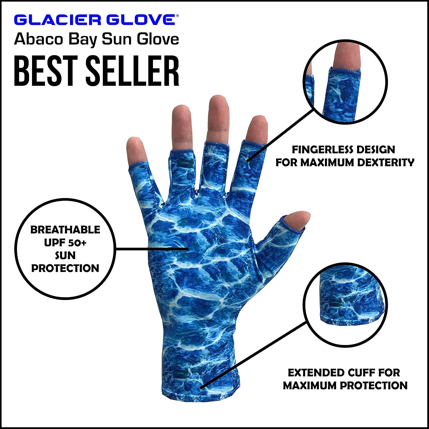 Glacier Glove Abaco Bay UPF 50+ Sun Protection Durable Lightweight Breathable Quick-Dry Fingerless Outdoor Fishing Sun Gloves