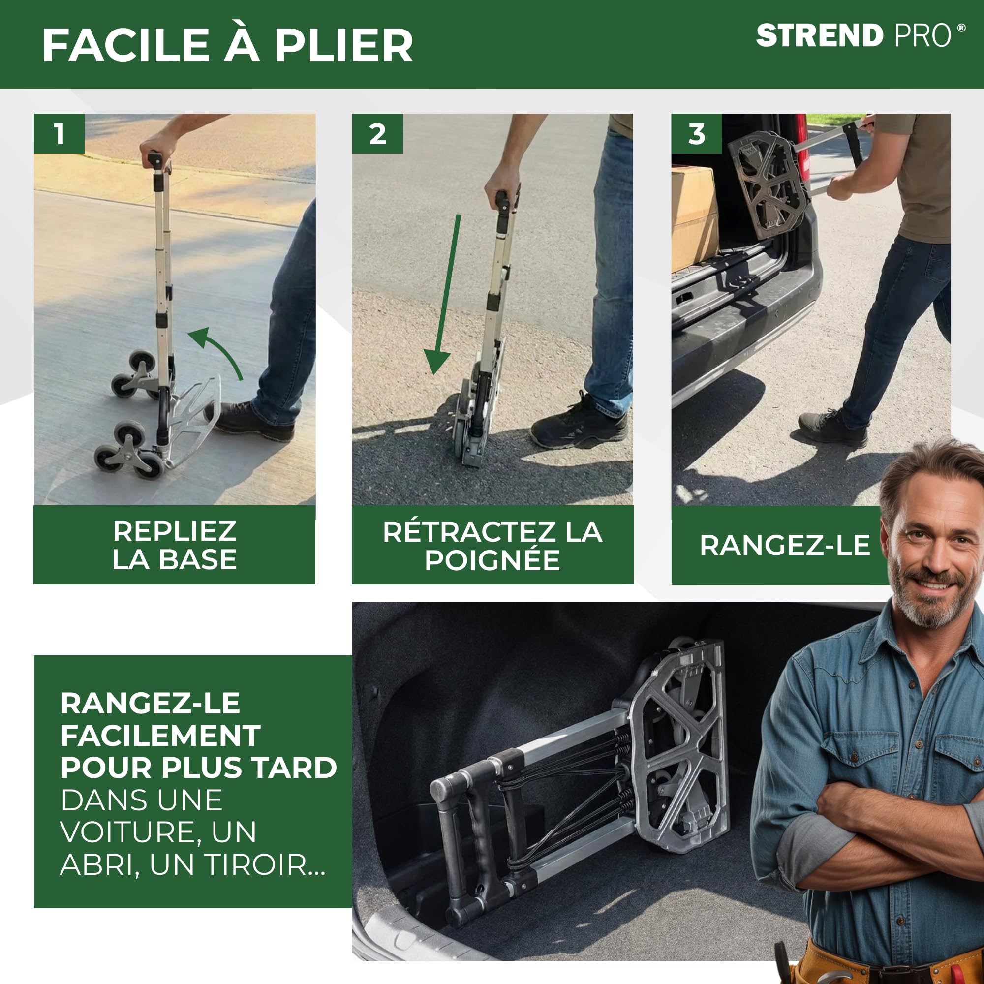 STREND PRO Diable Monte-Escalier 80kg | Diable Pliable avec Systeme A 3 Roues | Chariot Robuste pour Escaliers & Marches | Diable Reglable en Hauteur & Compact