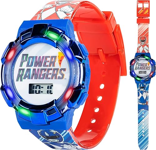 Power Rangers - Reloj para niños, bisel iluminado con luces giratorias, pantalla LCD, fácil de leer, correa de plástico ajustable, perfecto para