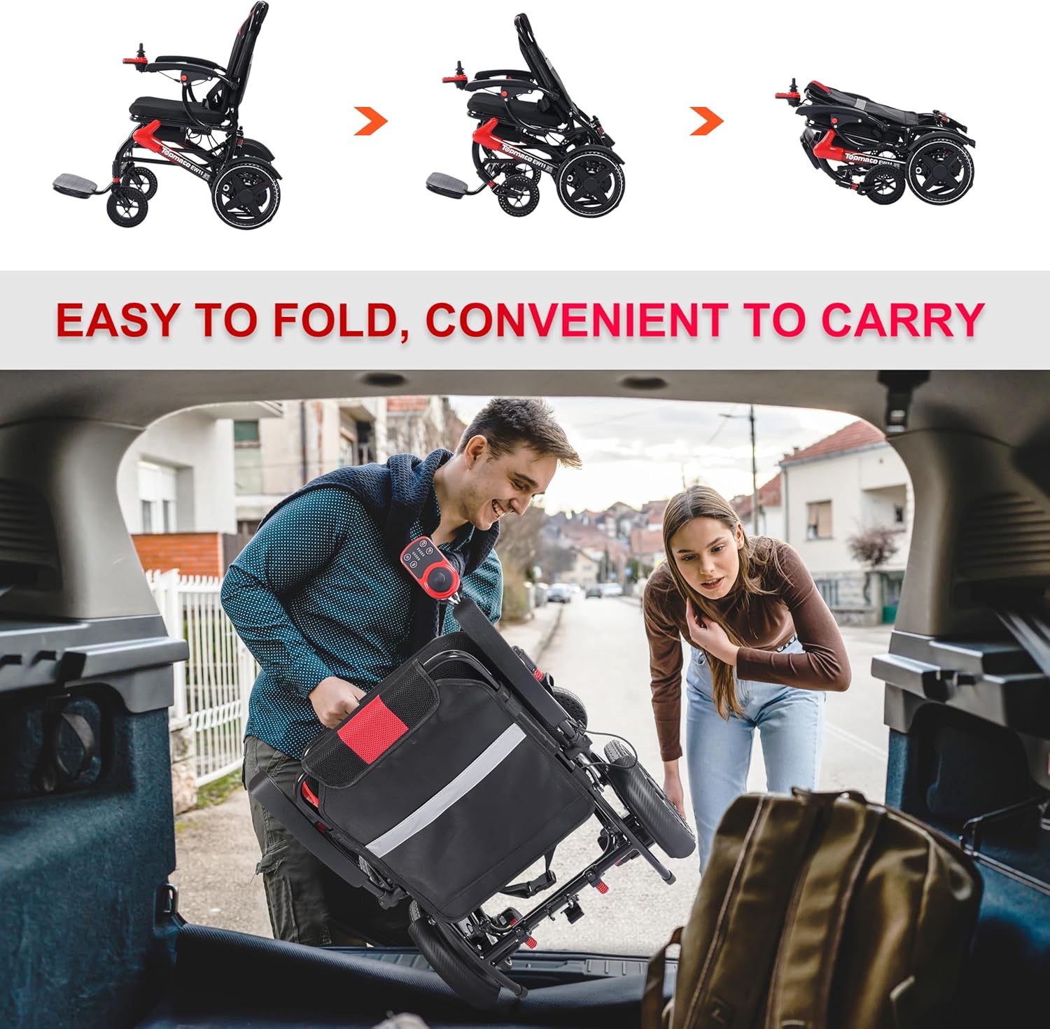 Sequence of images showing the TopMate EW11 Electric Wheelchair folding and unfolding, and being placed into a car trunk.