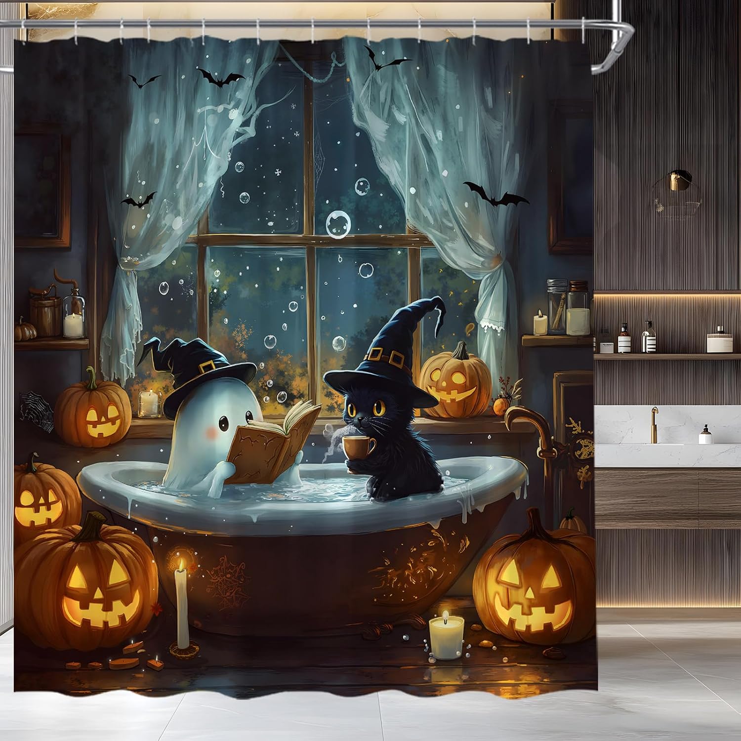 Spooky Halloween Shower Curtain Funny Ghost Black Cat Bathtub Bat Pumpkin Holiday Ambience Trick or Treat Home Fabric Bathroom Decor Set Include Hooks,(70" Wx78 H)