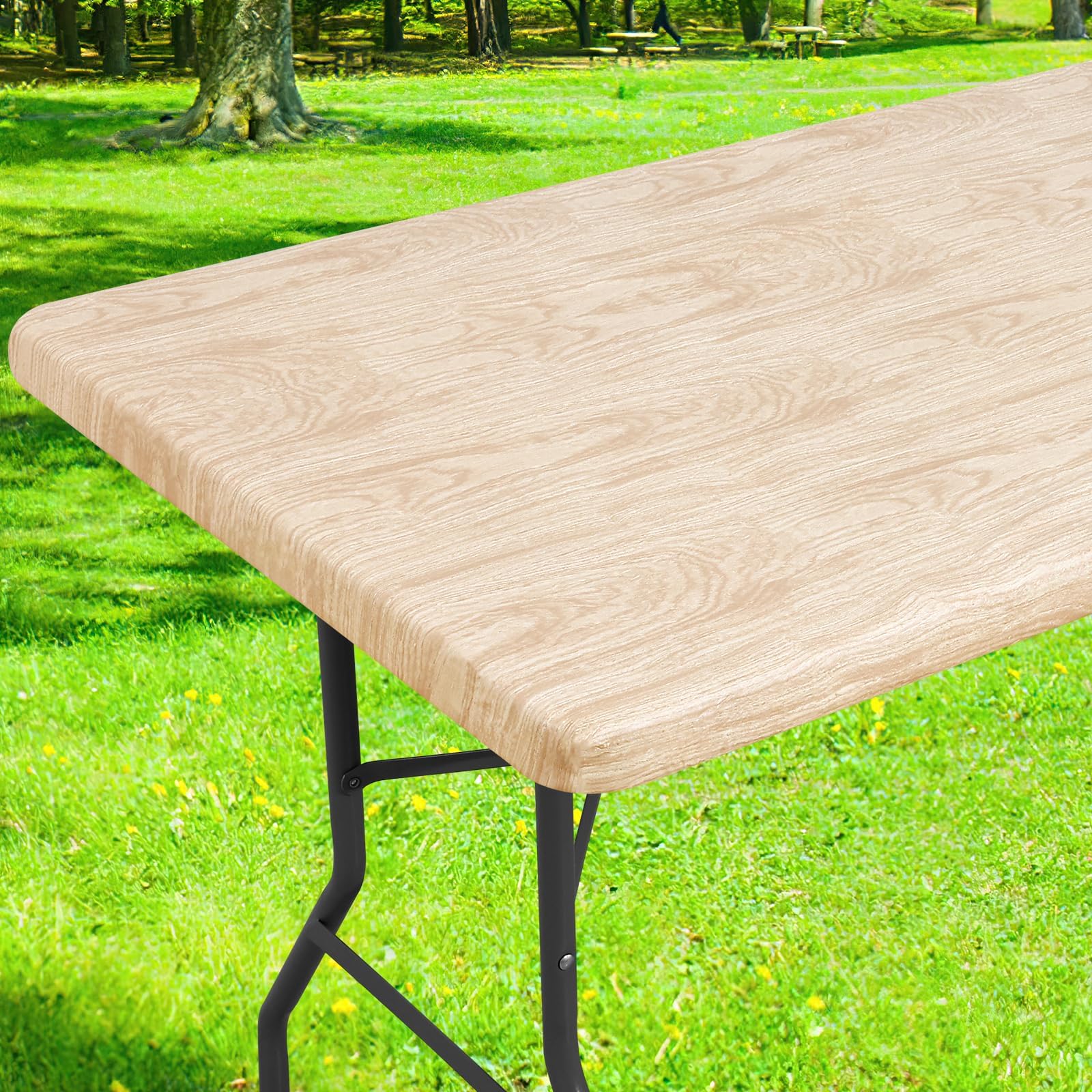 Smiry Rectangle Table Cloth Cover, Waterproof Elastic Fitted Picnic Tablecloth for 4 Foot Tables, Wipeable Flannel Backed Vinyl Tablecloths for Camping, Dining, Outdoor (Beige Wood, 24" x 48")