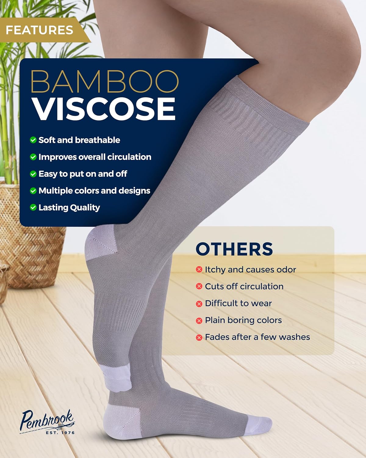 Pembrook Bamboo Viscose Light Compression Socks - 3 Pairs | 8-15 mmhg Compression Socks | Knee High Comfort Support Socks - Image 4
