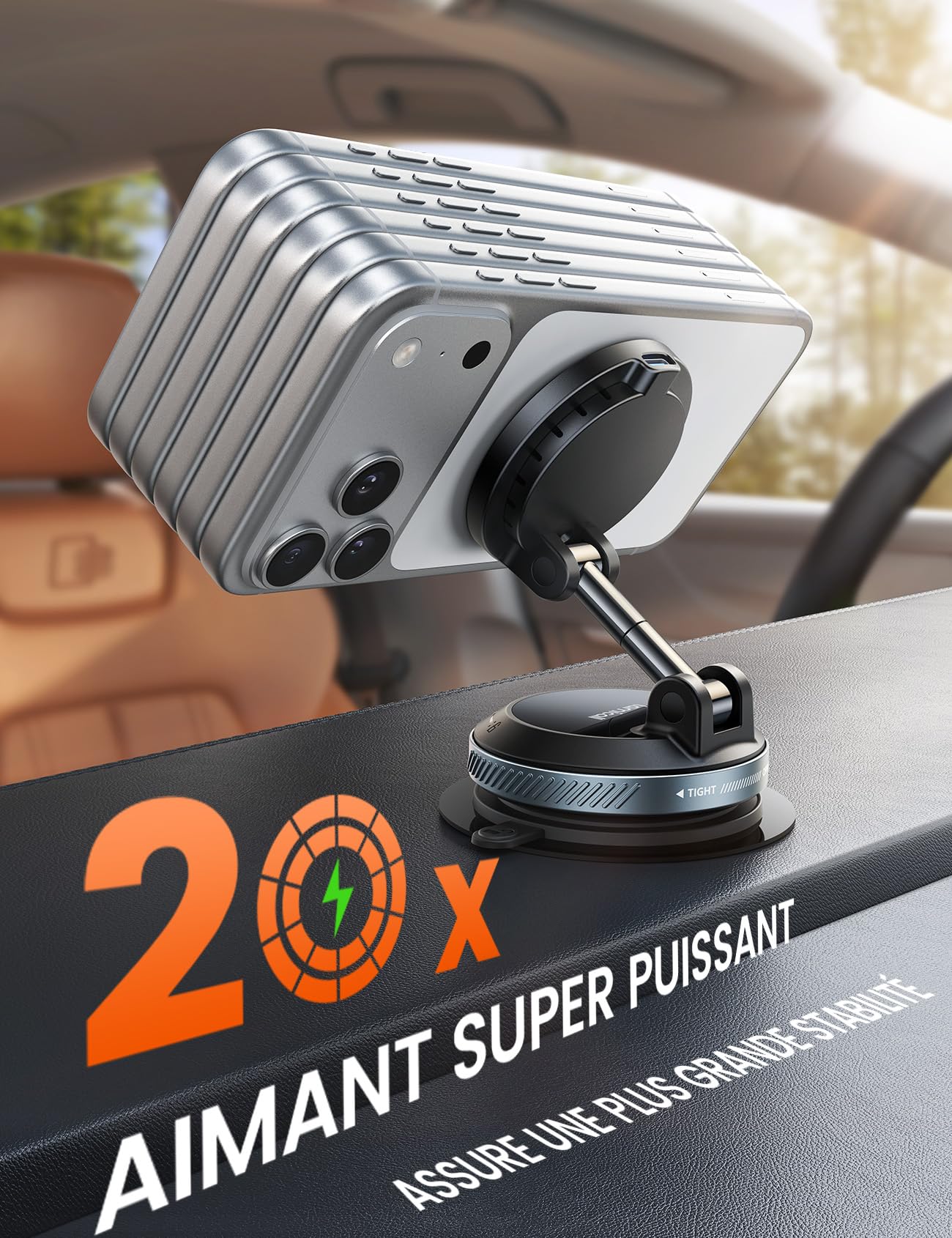 Lamicall 15W Chargeur Voiture pour Magsafe - [30KG Forte Aspiration] Magnétique Support Téléphone Voiture, Chargeur sans Fil Voiture avec Ventouse sous Vide, Aimant Puissant, pour iPhone 17 16 15 14