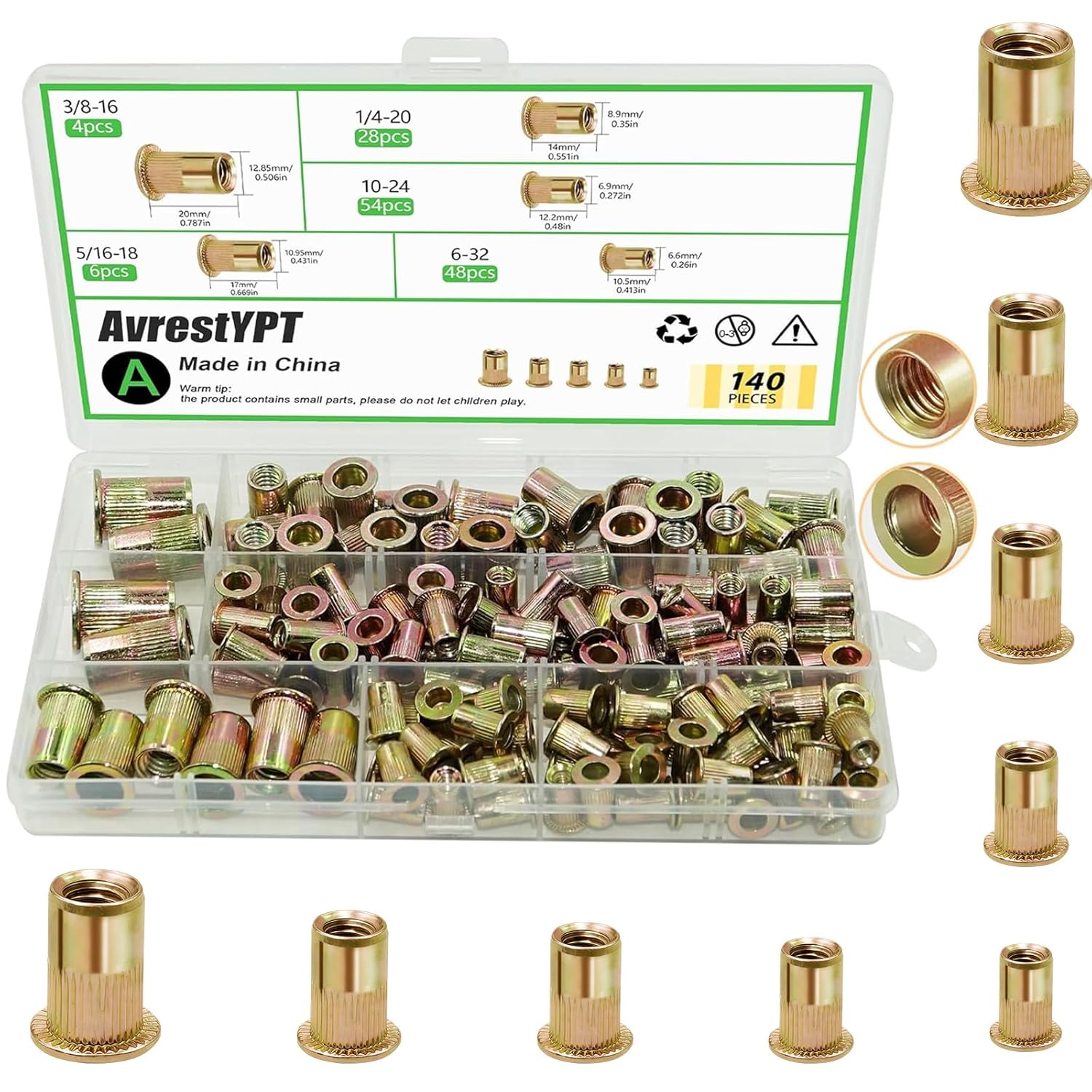 140 Pcs Rivet Nuts, 3/8"-16 5/16"-18 6-32 10-24 1/4"-20 Rivnuts Nutserts for Metal Wood Hardware Nuts, Zinc Plated Carbon Steel Threaded Inserts Rivets Kit