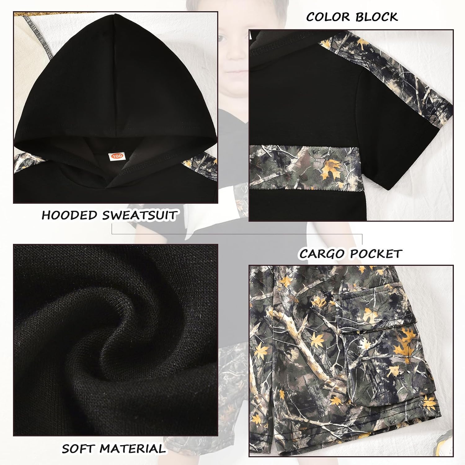 HINTINA Toddler Boy Summer Outfits Short Sleeve Hoodie Camouflage Shorts Set