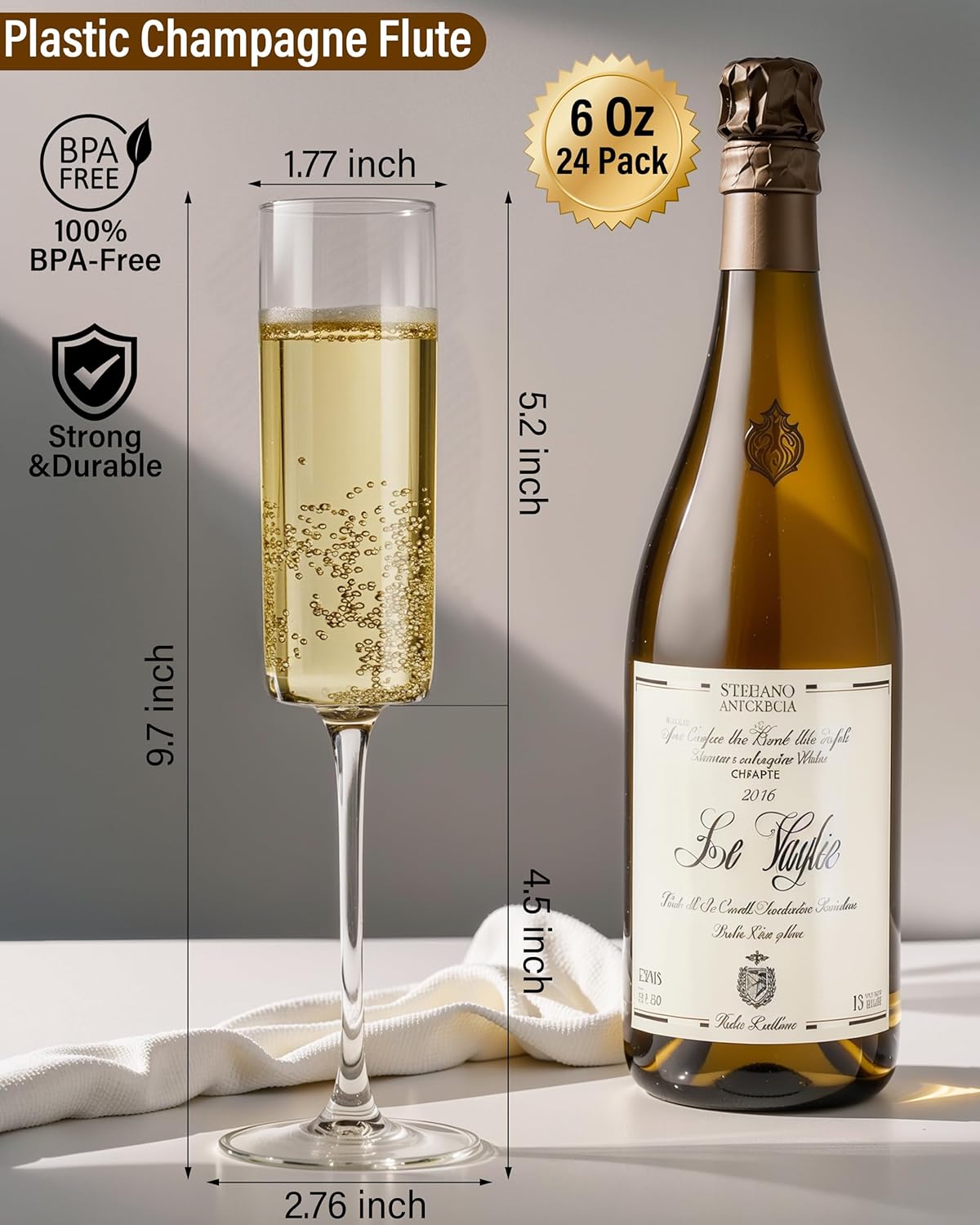 Nervure 24 Pack Plastic Champagne Flutes - 6 Oz Clear Disposable Champagne Flutes - Square Plastic Toasting Glasses for Party Birthday Anniversary Wedding - Image 3