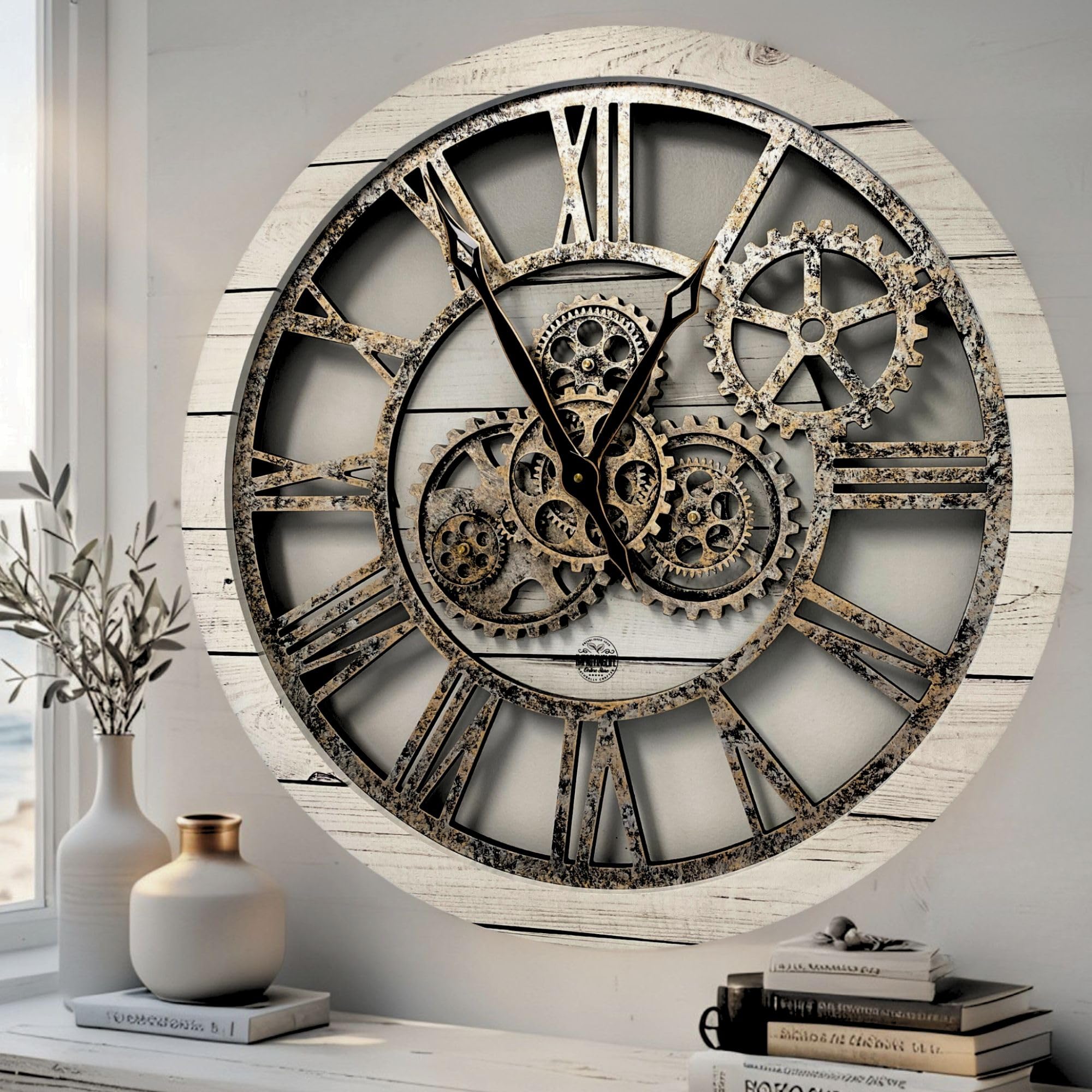 ImprovingLife The Original Real Moving Gear Vintage Industrial Oversized Rustic Farmhouse Wall Clock (60cm), White Farmhouse