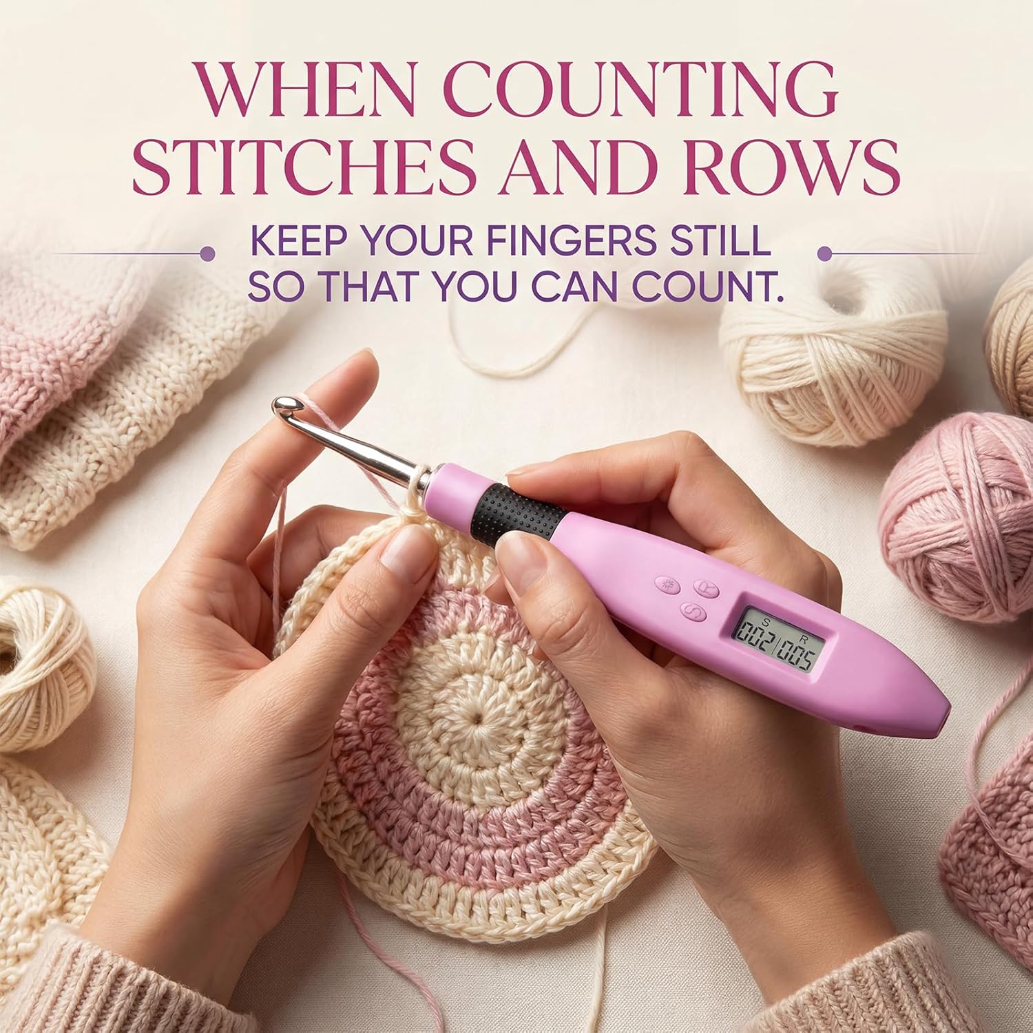 Counting Crochet Hook Set, 12-in-1 Light-Up Interchangeable Hooks with Digital Stitch/Row Counter (2.0–14.0 mm), Ergonomic Rechargeable Handle & Storage Case, Gift for Beginners & Experienced Crafters