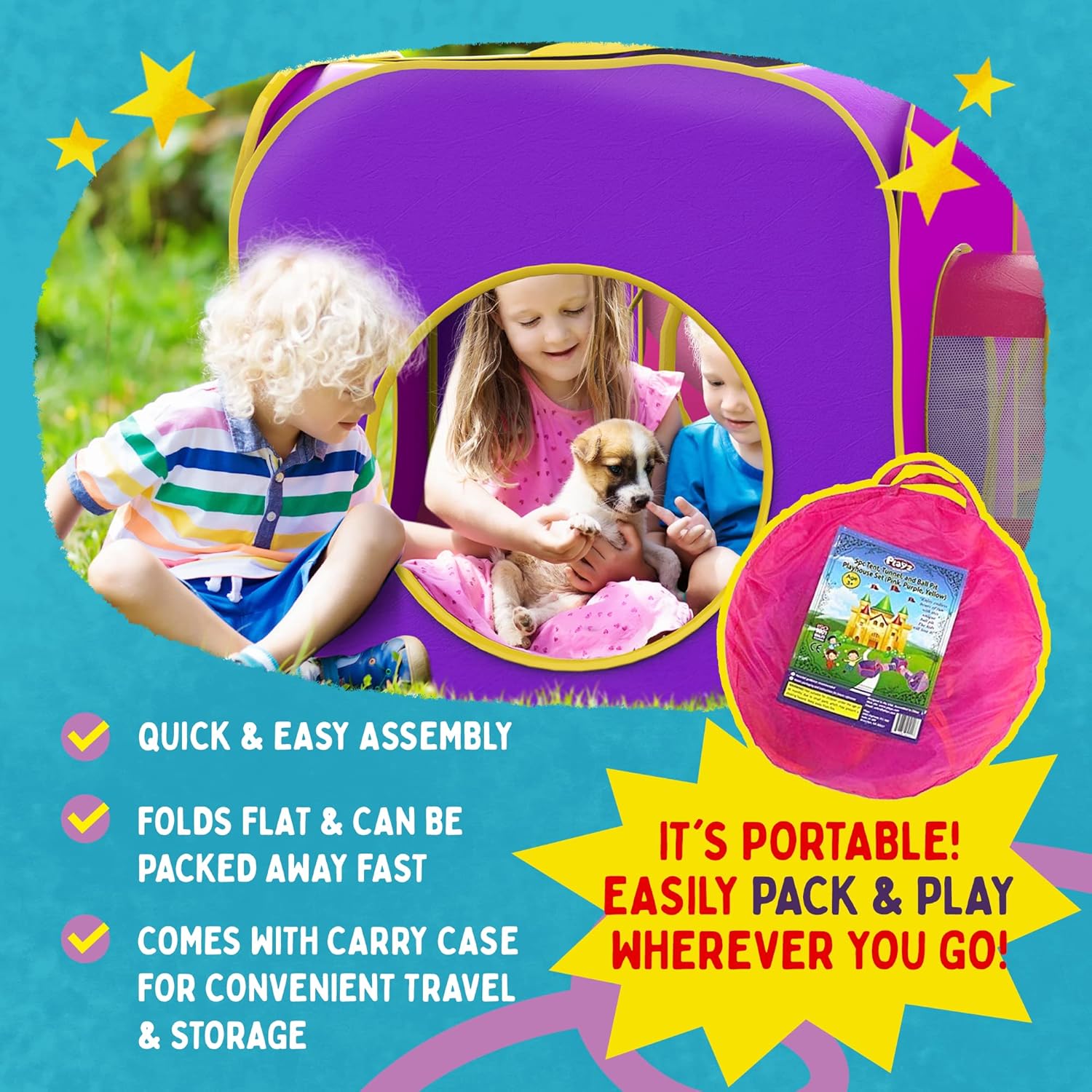 Playz 5pc Children's Playhouse Popup Tents, Tunnels, and Basketball Hoop for Girls, Boys, Babies, Kids and Toddlers with Zipper Storage Case for Indoor & Outdoor Use (Yellow, Pink, Purple) : Toys & Games