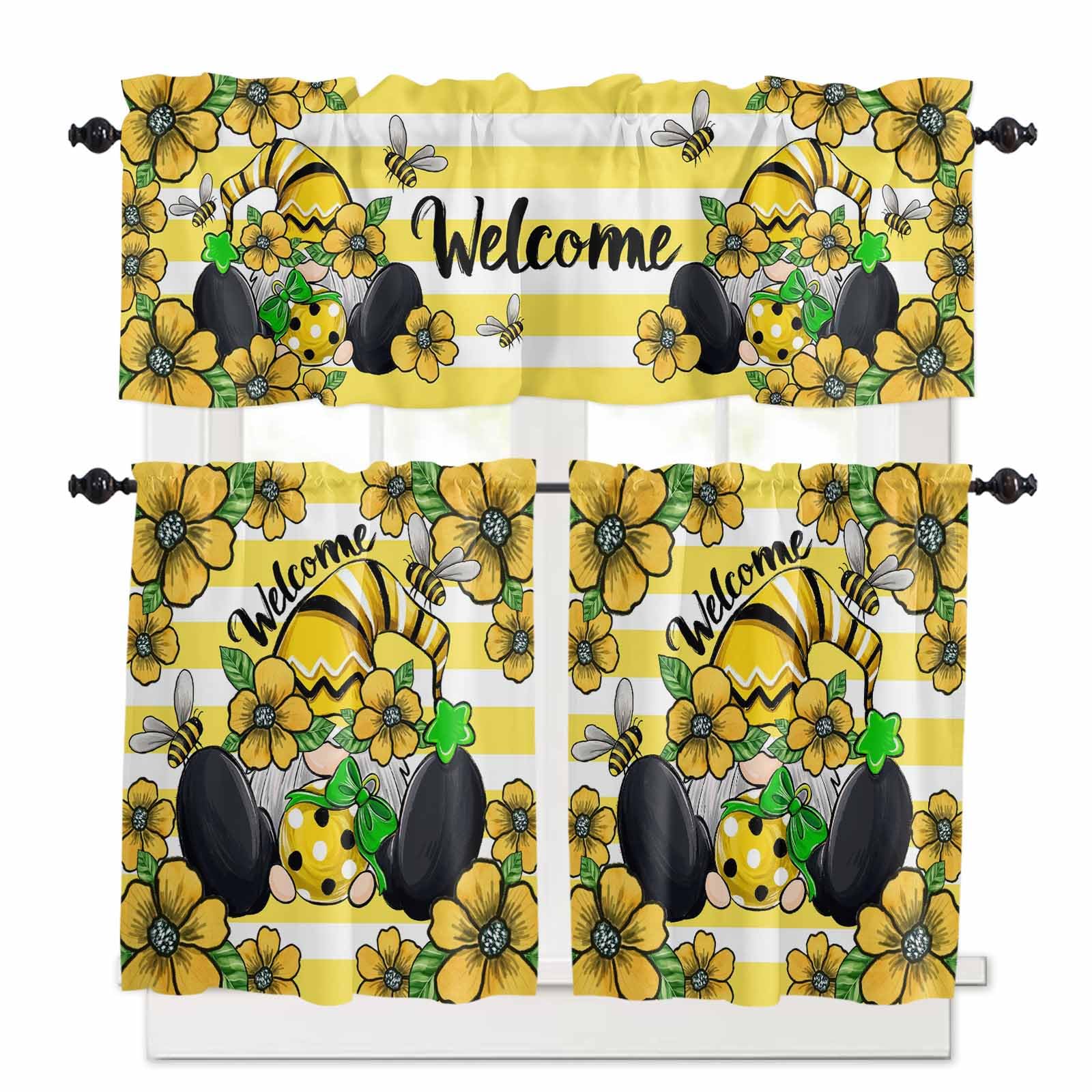 Flower Gnomes Kitchen Curtains 36 Inch Length,3 Piece Rod Pocket Small Half Tiers and Valance Set,Yellow Botanical Floral Striped Star Bee Small Large Window Treatment Decor for Bedroom/Bathroom Sink