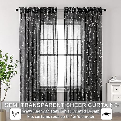 Miniatura 3 de SMILE WEAVER Cortinas Semitransparentes Negras para Sala de Estar de 63 Pulgadas de Largo, Cortina Filtrante de Luz con Bolsillo para Varilla -