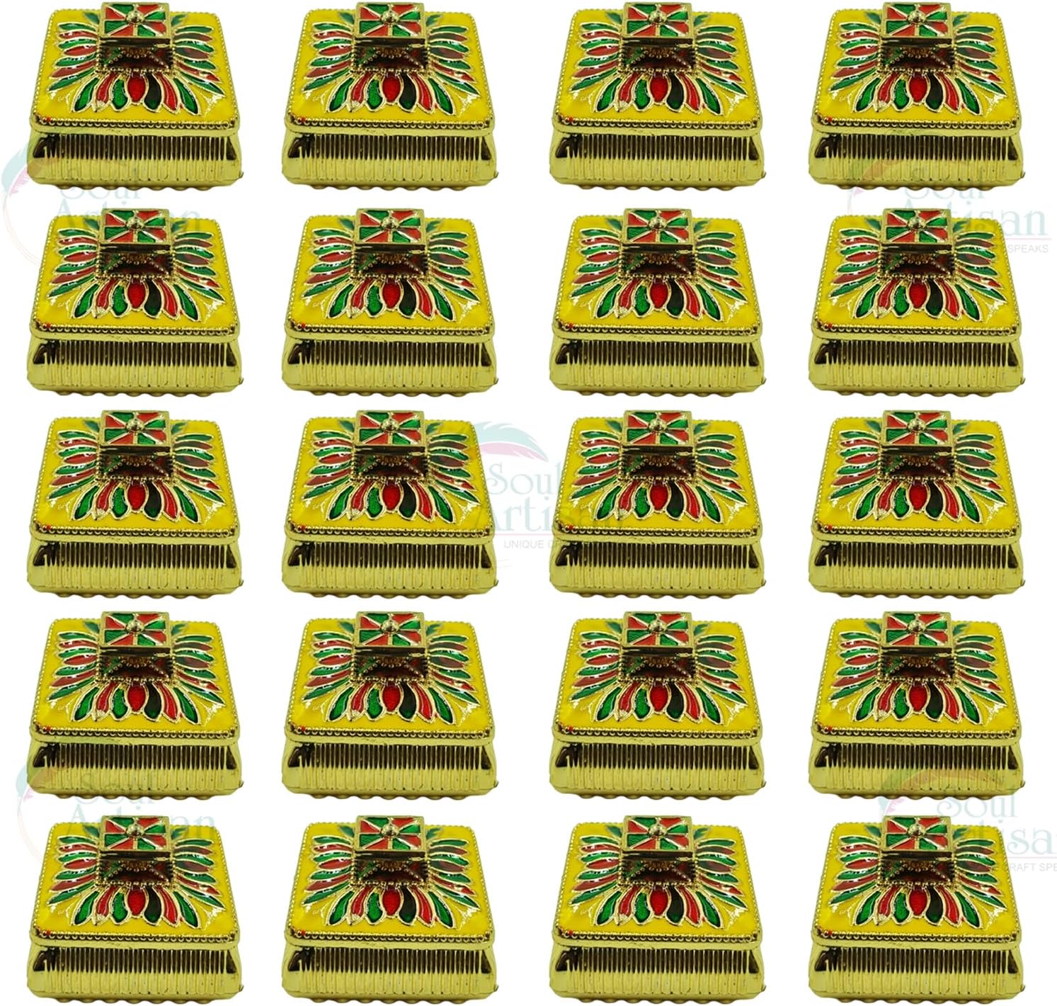 Square Design Single Kumkuma Holder Chimil Box - Plastic Golden Metallic Color(Pack of 20) - Decorative Art Design Tilak Daani, Sindoor for Women Return Gift, Diwali, Weddings, Pooja