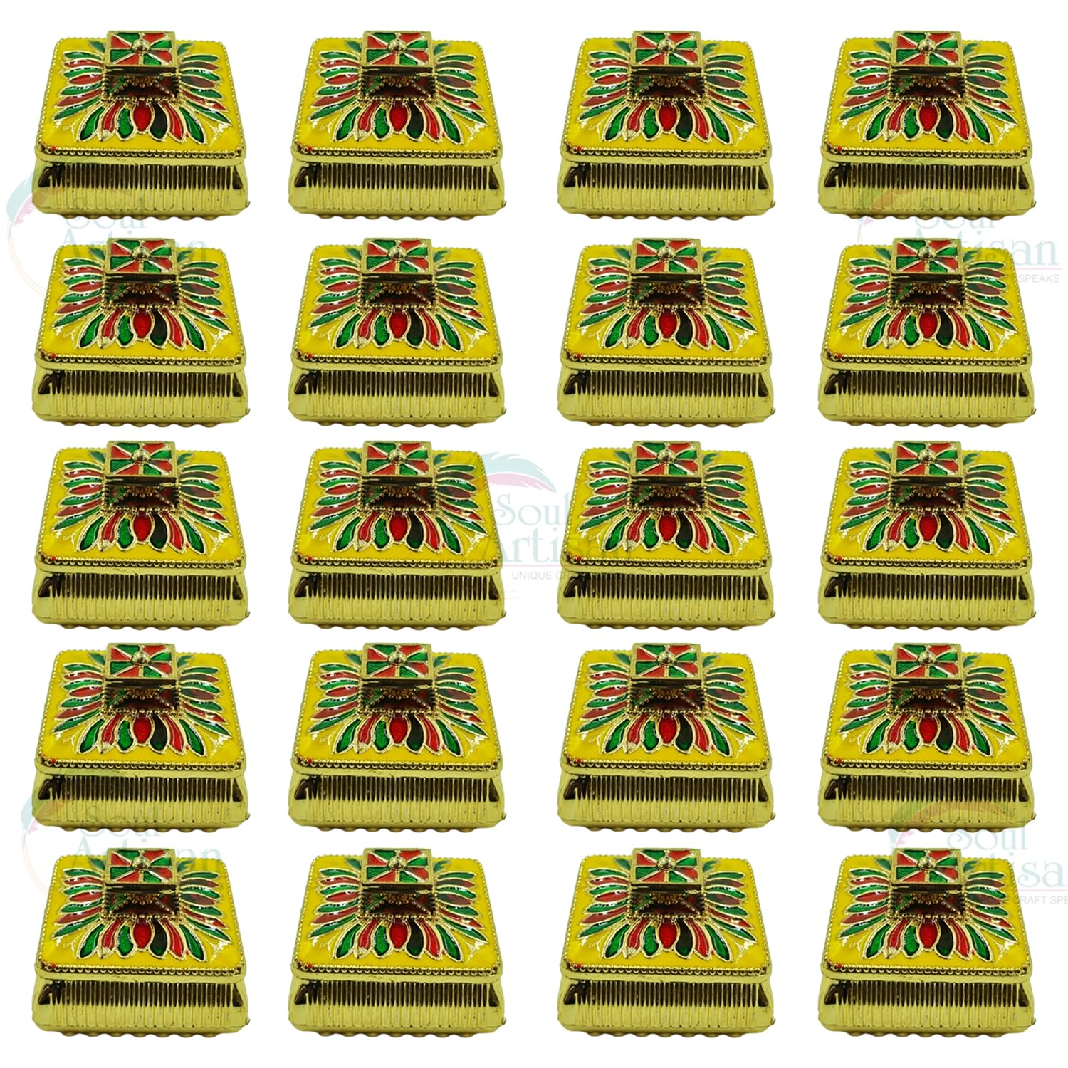 Soul Artisan Square Design Single Kumkuma Holder Chimil Box - Plastic Golden Metallic Color(Pack of 20) - Decorative Art Design Tilak Daani, Sindoor for Women Return Gift, Diwali, Weddings, Pooja