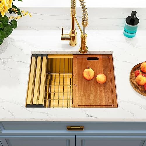 Vista 50 de Fregadero de barra dorada para montaje inferior, fregadero de barra pequeña y preparación, fregadero de barra de acero inoxidable calibre 16