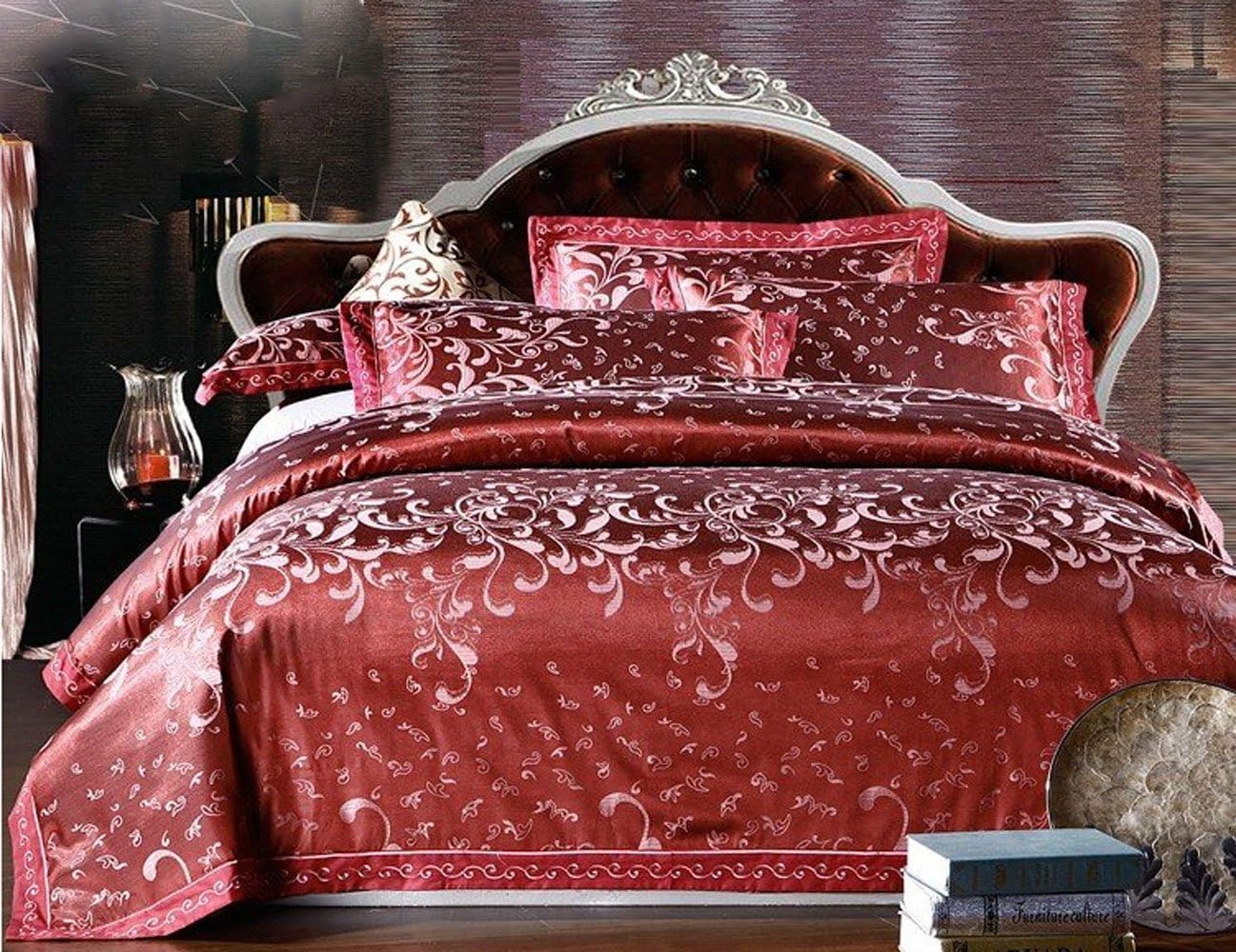 Red Silk Bedding Set Queen King Size 4pcs Noble Luxury Bed Set Linen Tribute Silk Satin Duvet Cover Sheet Bedclothes (King)
