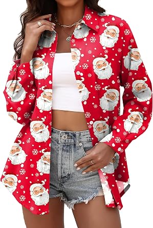 Christmas Shirts for Women Santa Hawaiian Christmas Button Down Top | Xmas Gift, Christmas Graphic Long Sleeve Shirts, Soft Fabric, Perfect for Christmas Vacation, Party, Casual Daily Wear