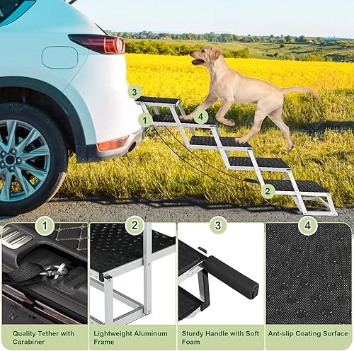 Miniatura 5 de Escaleras de coche para perros, rampa plegable para perros con superficie antideslizante para automóviles, camiones y SUV, escalones de aluminio