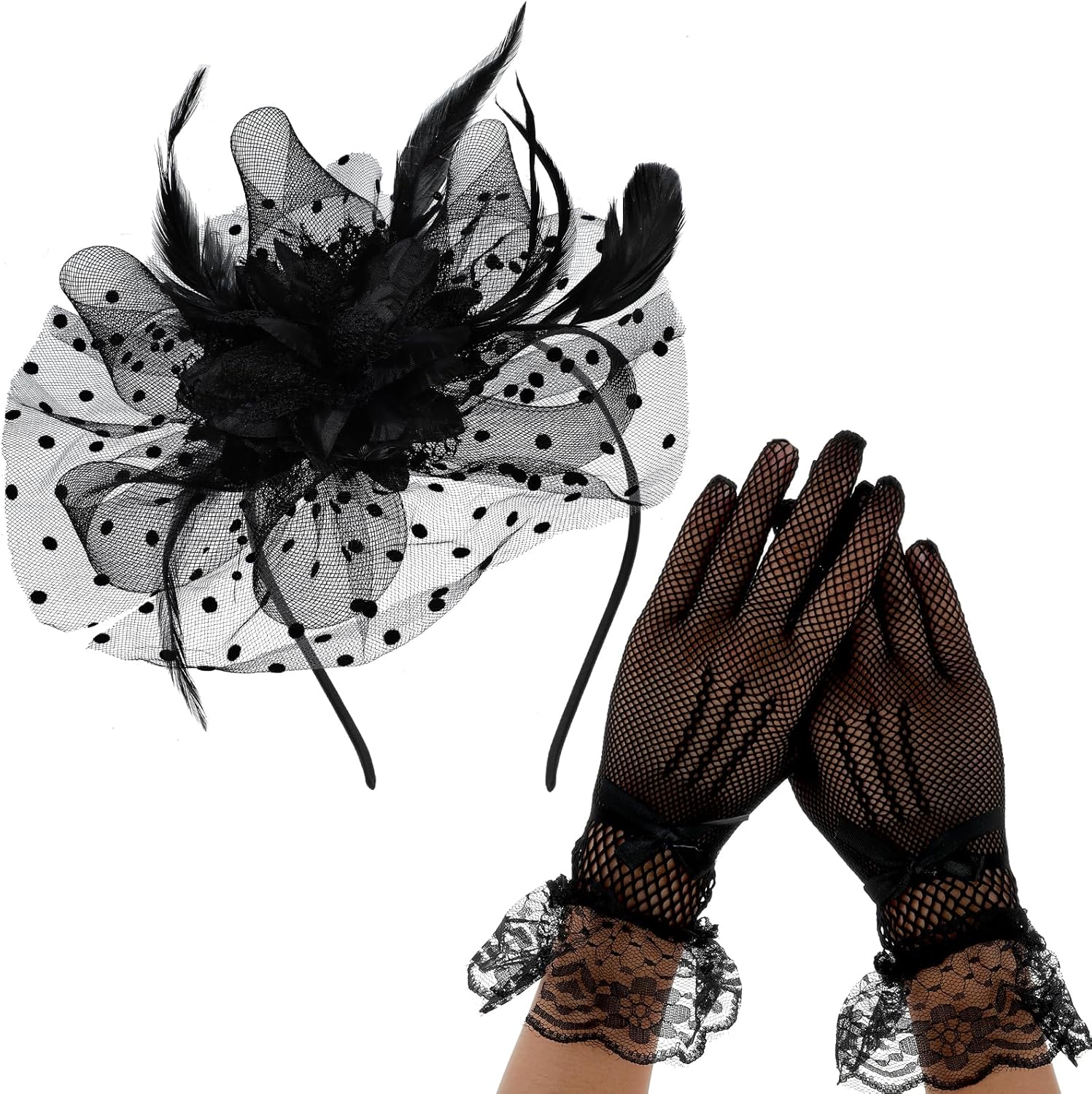 2 Pcs Fascinators Hat for Women Headband Tea Party with Lace Glove 50s Vintage Hat Wedding Feather Veil Hair Clip - Image 2