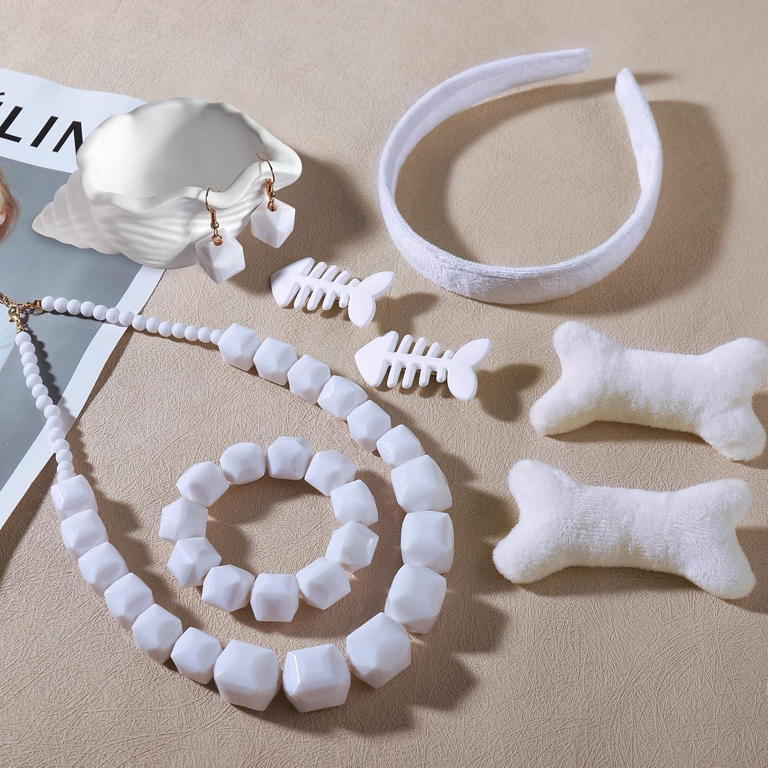 9Pcs Women Costume Accessory Set with White Bead Necklace Earrings Bracelet Hairband Brooch Hair Clips Halloween Cave Cosplay Party Supplies image 5