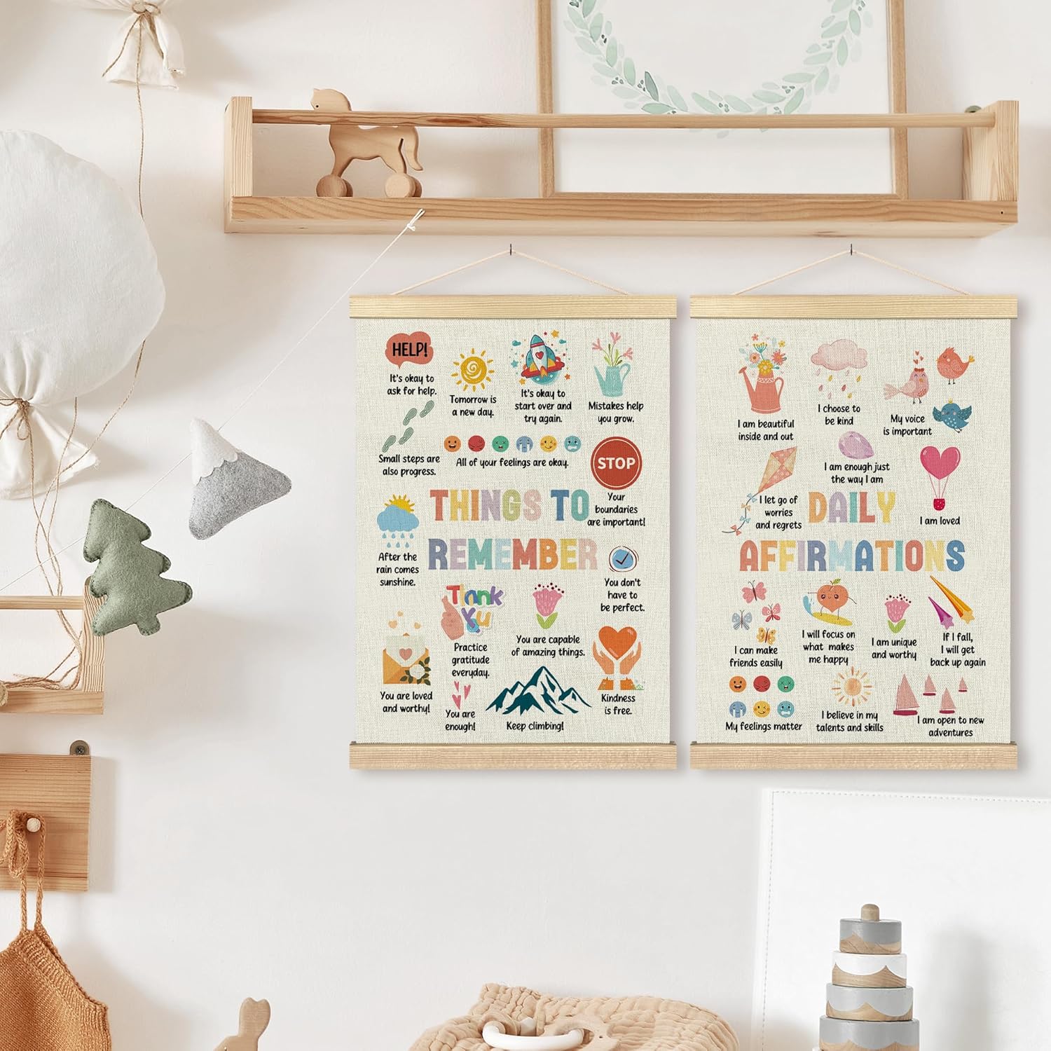 BCUANGD Positive Affirmations Wall Decor - Mental Health Poster Hanger with Wood Frames Set of 2, Therapy Office Decor, School Psychology Wall Hanging Canvas Decor for Calming Corner Home, 16x24 Inches