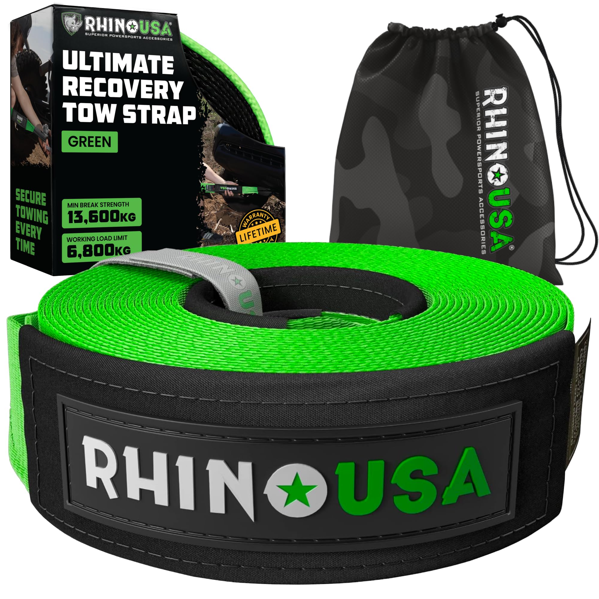 Rhino USA Recovery Tow Strap (7.6 cm x 9.1 m) - 13,600 kg Break Strength - Emergency Recovery Strap Tow Rope for Truck, UTV, ATV & More - Heavy Duty Towing Strap for Offroad 4X4 Use - Green