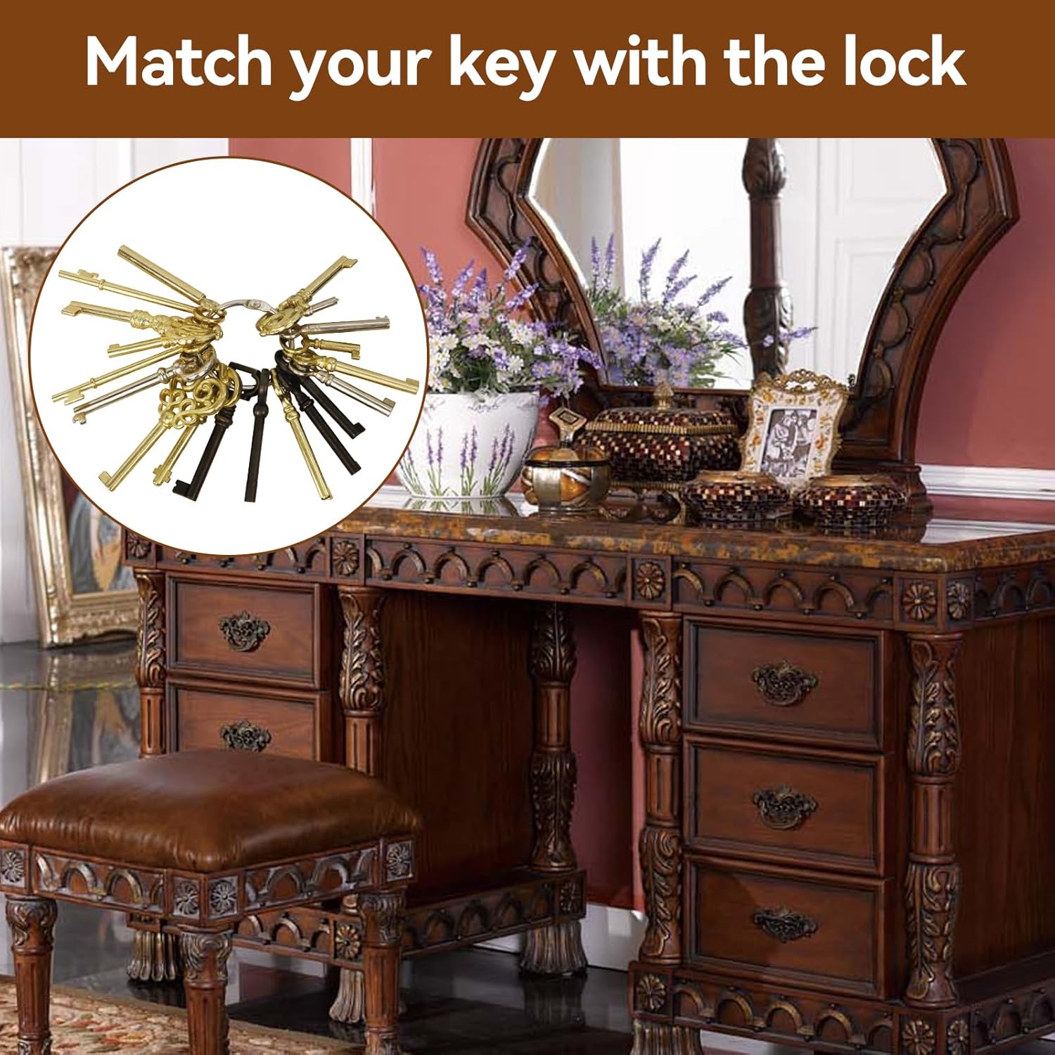 Universal Skeleton Keys Replacement, 19Pcs Most Popular Hollow Skeleton Key Set for Vintage Old Furniture, Antique Furniture, Cabinet Doors, Grandfather Clocks, Old Style Cabinets or Doors
