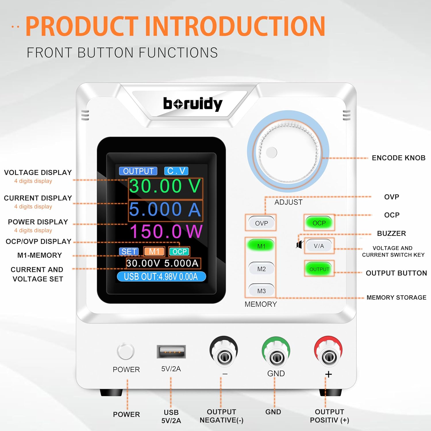 DC Power Supply Variable 30V 5A,boruidy 150W Encoder Adjustable Switching Regulated High Precision 4-Digits TFT Display 5V/2A USB Port Bench Lab Power Supplies with OCP OVP Output Memory Button