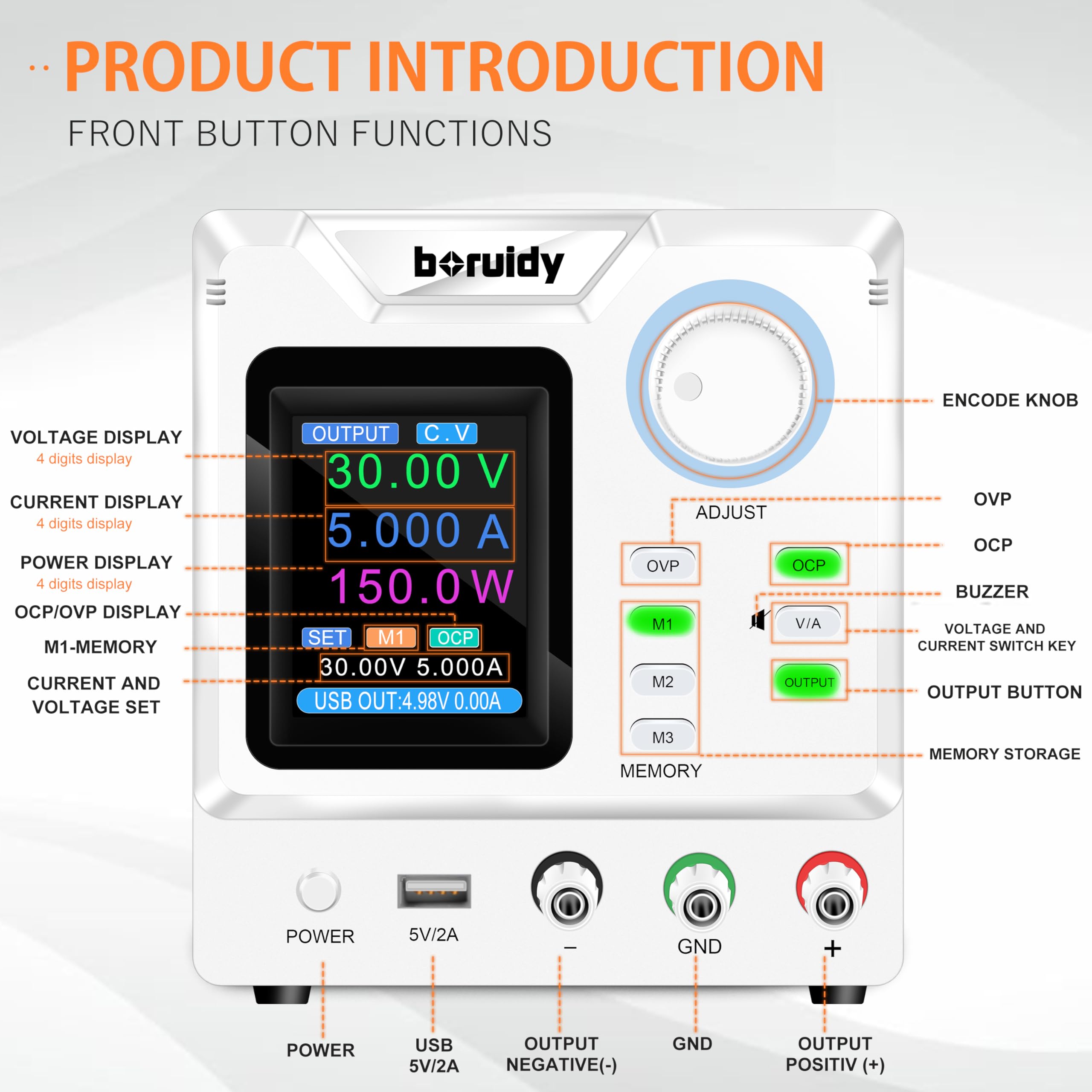 Alimentación de laboratorio ajustable 30 V 5 A boruidy 150 W codificador de alimentación estabilizada ajustable con memorias/salida/OCP OVP con carga rápida USB Pantalla en tiempo real y pantalla TFT