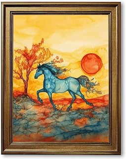 Framed Blue Horse Canvas Print Art, Boho Wall Art, Painting Pictures, Elegant Running Horse Art Print for Living Room, Bedroom, Office, Wall Decoration, Home Decor (Gold Framed,12L X16W)