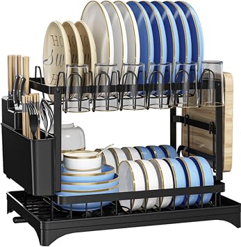 Vallary 2-Tier Dish Drying Rack with Drainboard Rustproof Steel Kitchen Organizer with Utensil & Cup Holder, Cutting Board & Knife Stand Space-Saving Countertop Dish Drainer Black