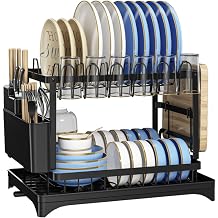 Vallary 2-Tier Dish Drying Rack with Drainboard Rustproof Steel Kitchen Organizer with Utensil & Cup Holder, Cutting Board & Knife Stand Space-Saving Countertop Dish Drainer Black