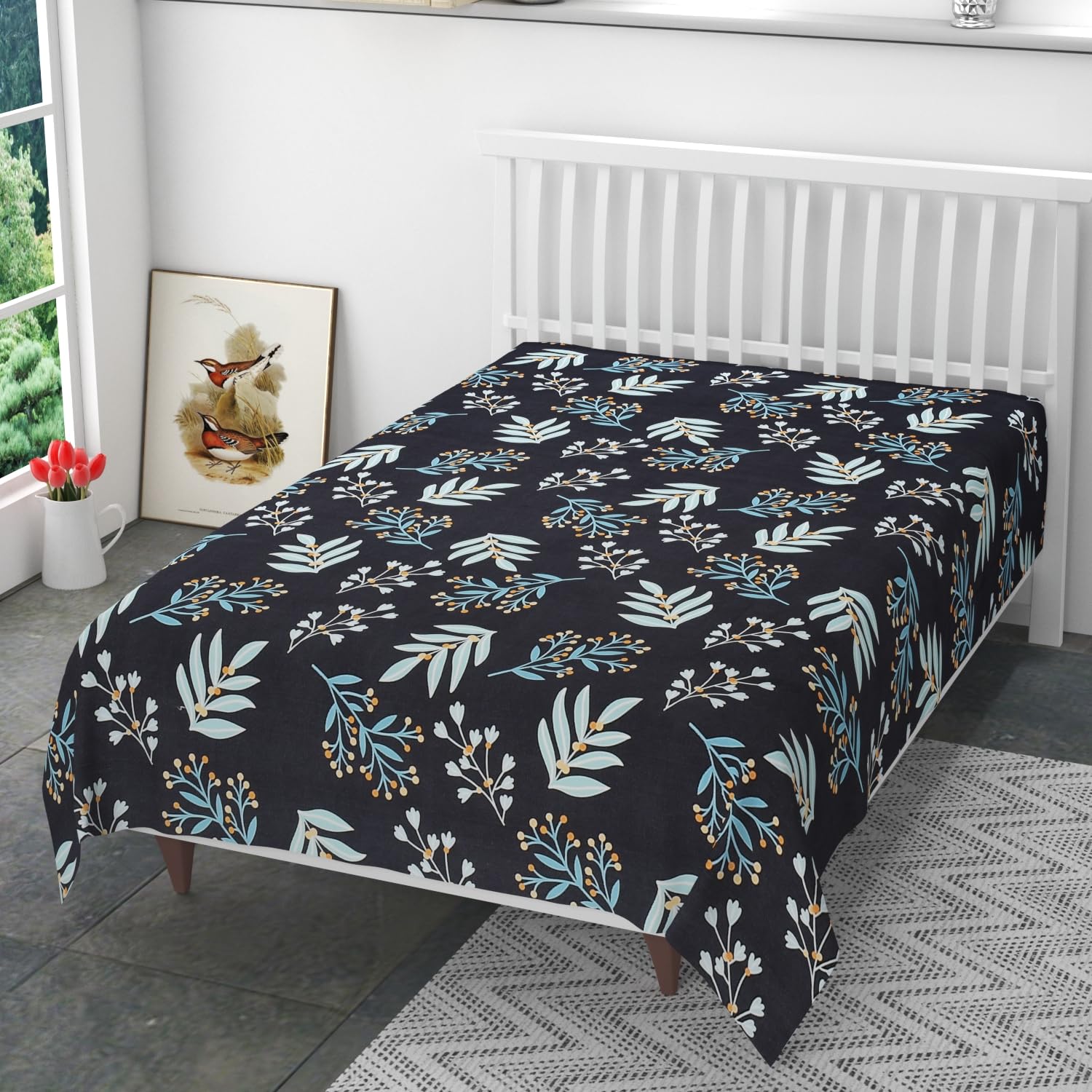 Reyansh Decor 220 TC 100% Cotton Feel Bedsheet for Single Bed Without Pillow Covers Soft/Breathable Wrinkel Free -60x90 Inches -Black Leaves (B0DG36LFVM) Amazon Price History, Amazon Price Tracker
