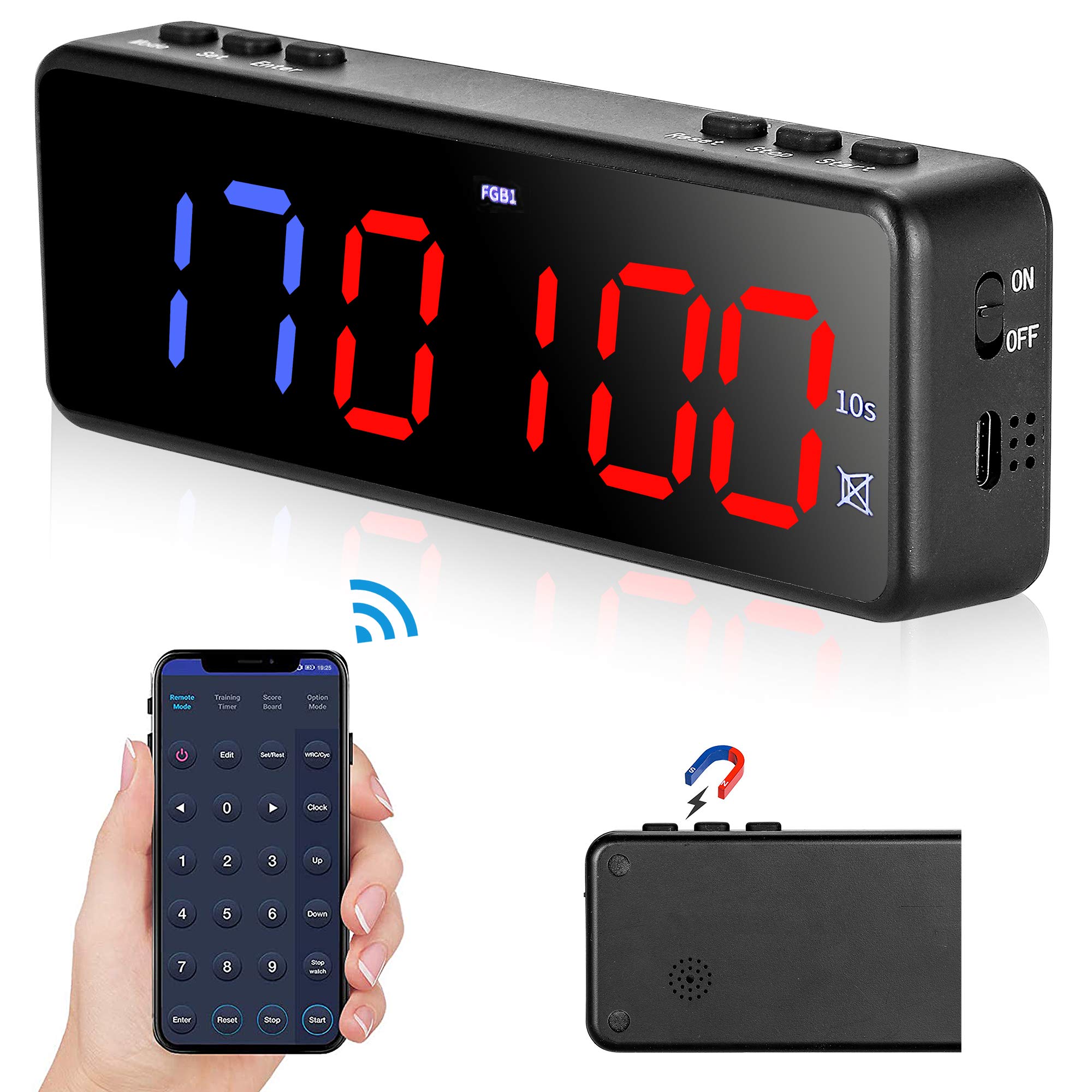 Timer a LED per allenamento e palestra, timer magnetico posteriore programmabile per allenamento fitness con telecomando, cronometro per TABATA FGB (blu+rosso+APP BT)