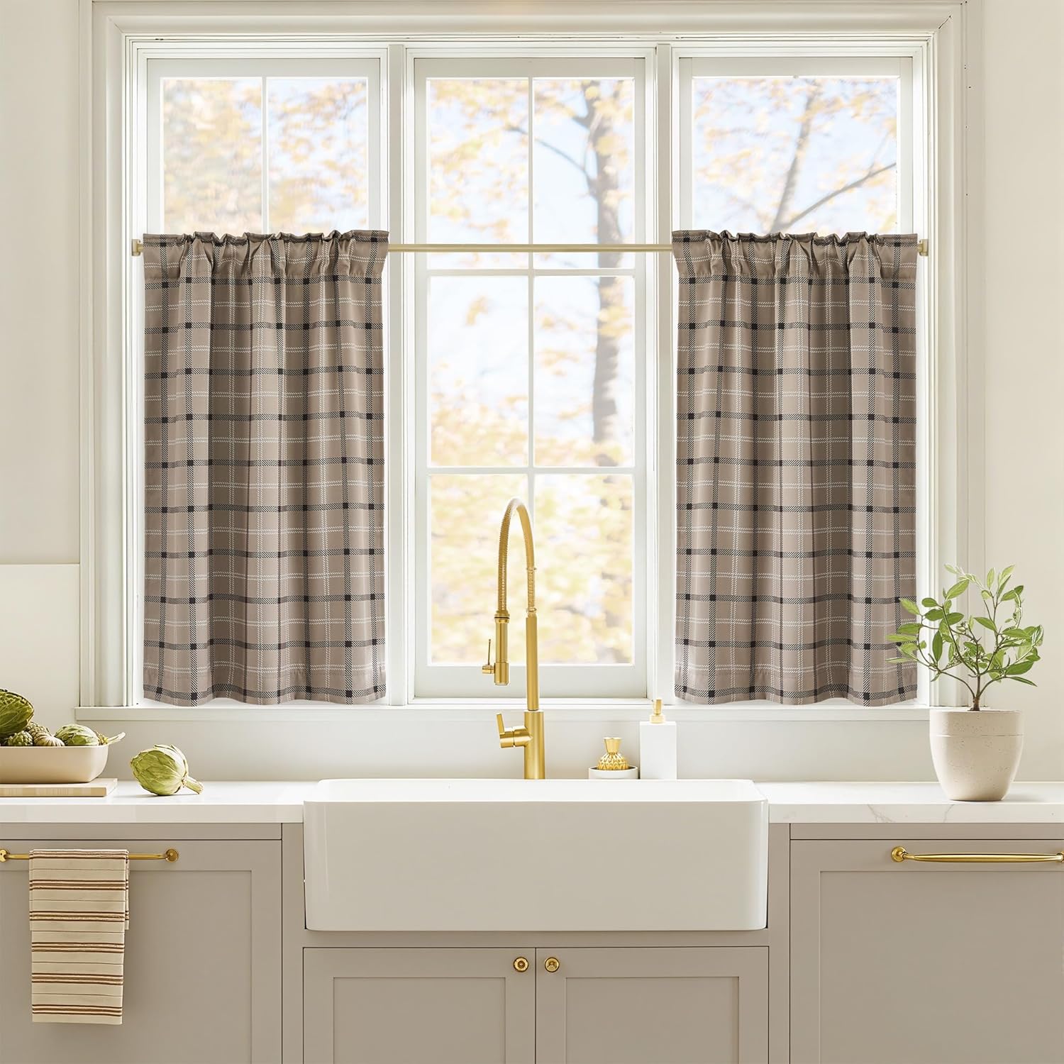 NICETOWN Taupe Farmhouse Gingham Tiers Kitchen Fall 100% Blackout Curtains 36 Inches Long, Buffalo Plaid Check Half Window Cafe Curtains for Kitchen Bathroom, 26" x 36", Set of 2 26"W x 36"L (Pack of 2) Plaid | Taupe & White