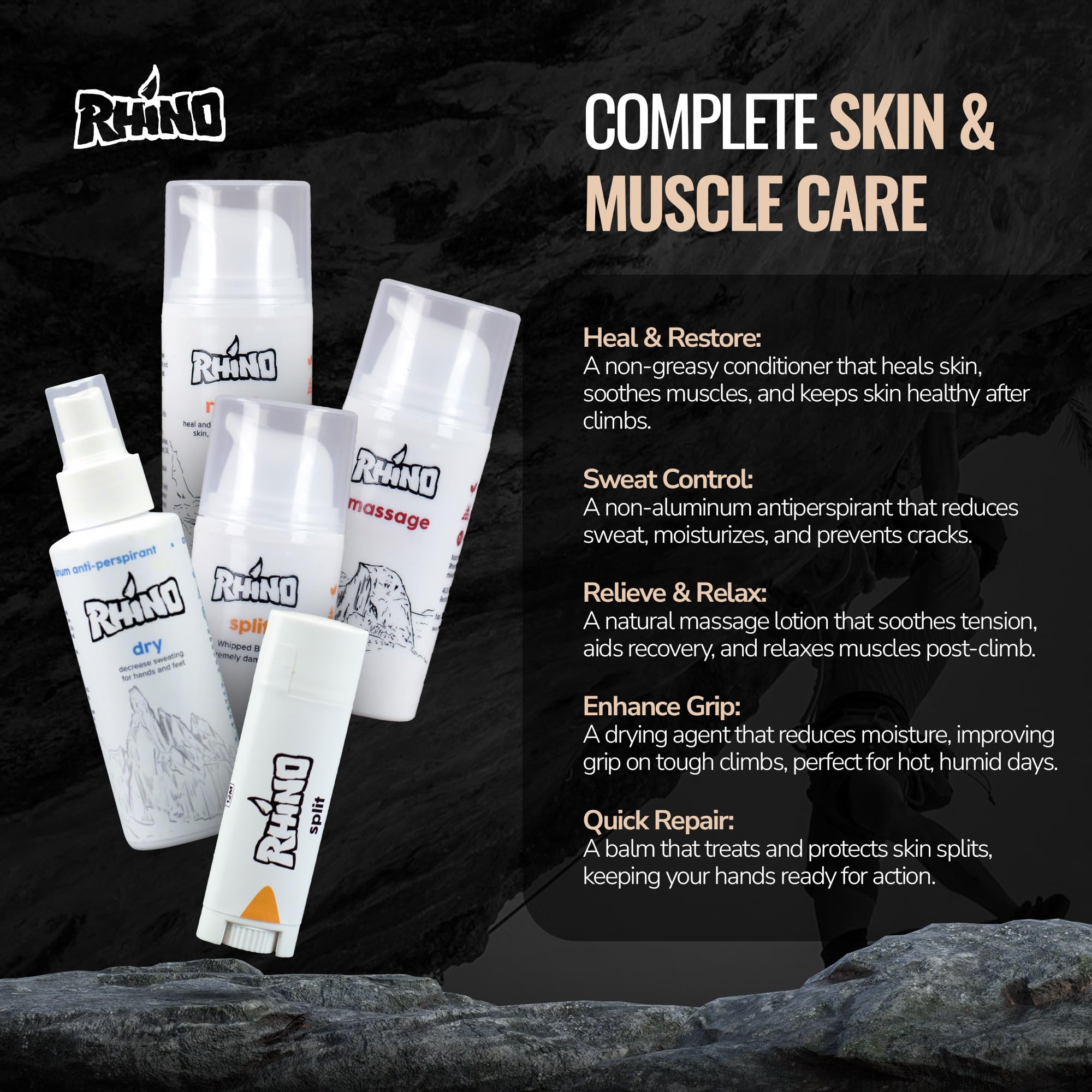 Rhino Skin Starter Kit Bundle – Climbing Skincare 5-teiliges Set mit Handcreme, Lotion, Conditioner, Antitranspirant und Balsam | Für trockene und rissige Hände | Handcremes in Reisegröße mit