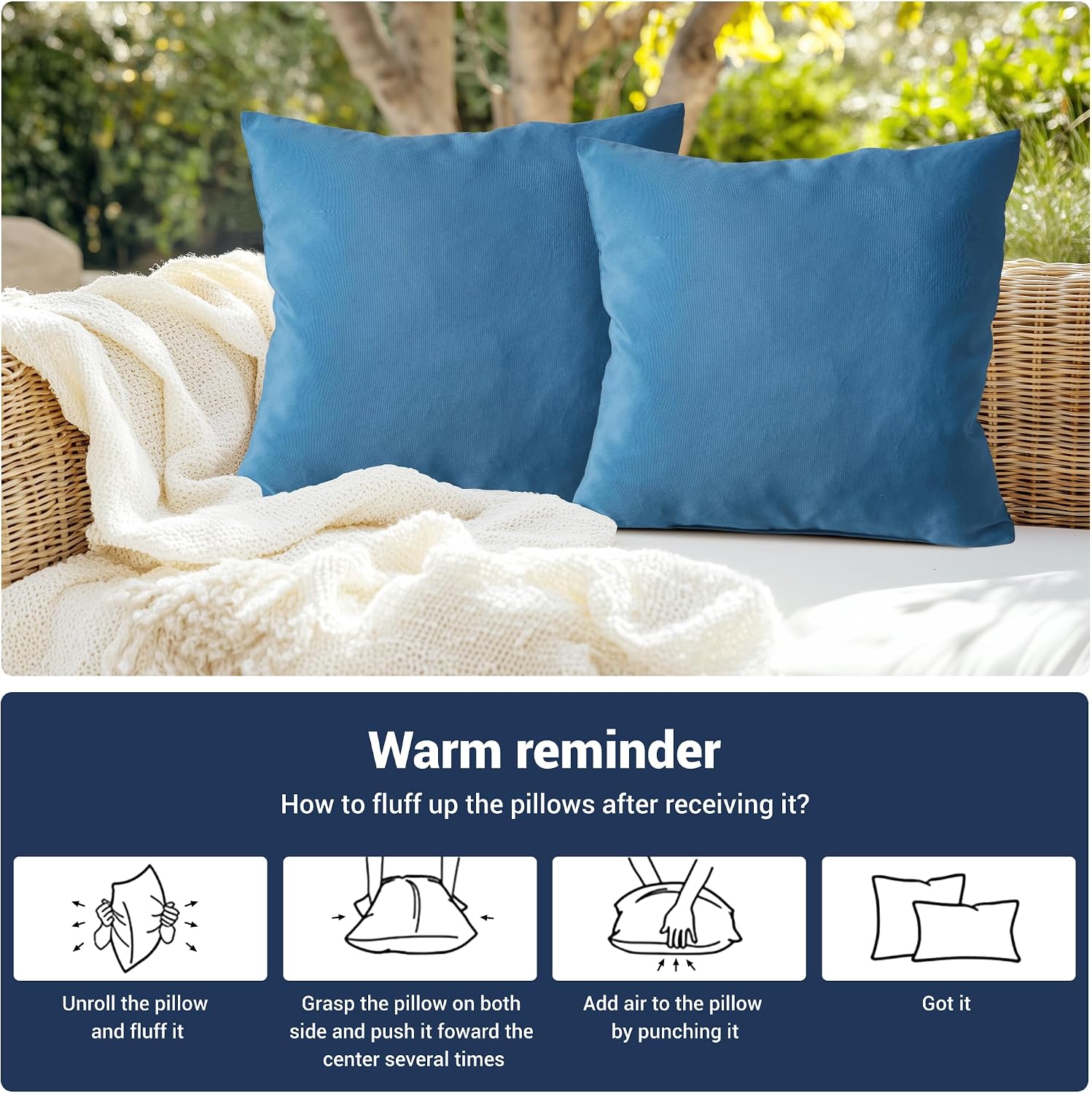 Waterproof Outdoor Pillows, 26 * 26 Inch Feather and Down Filled Outdoor Throw Pillows Water-Resistant Decorative Premium Lumbar Pillow Pack of 2, Blue