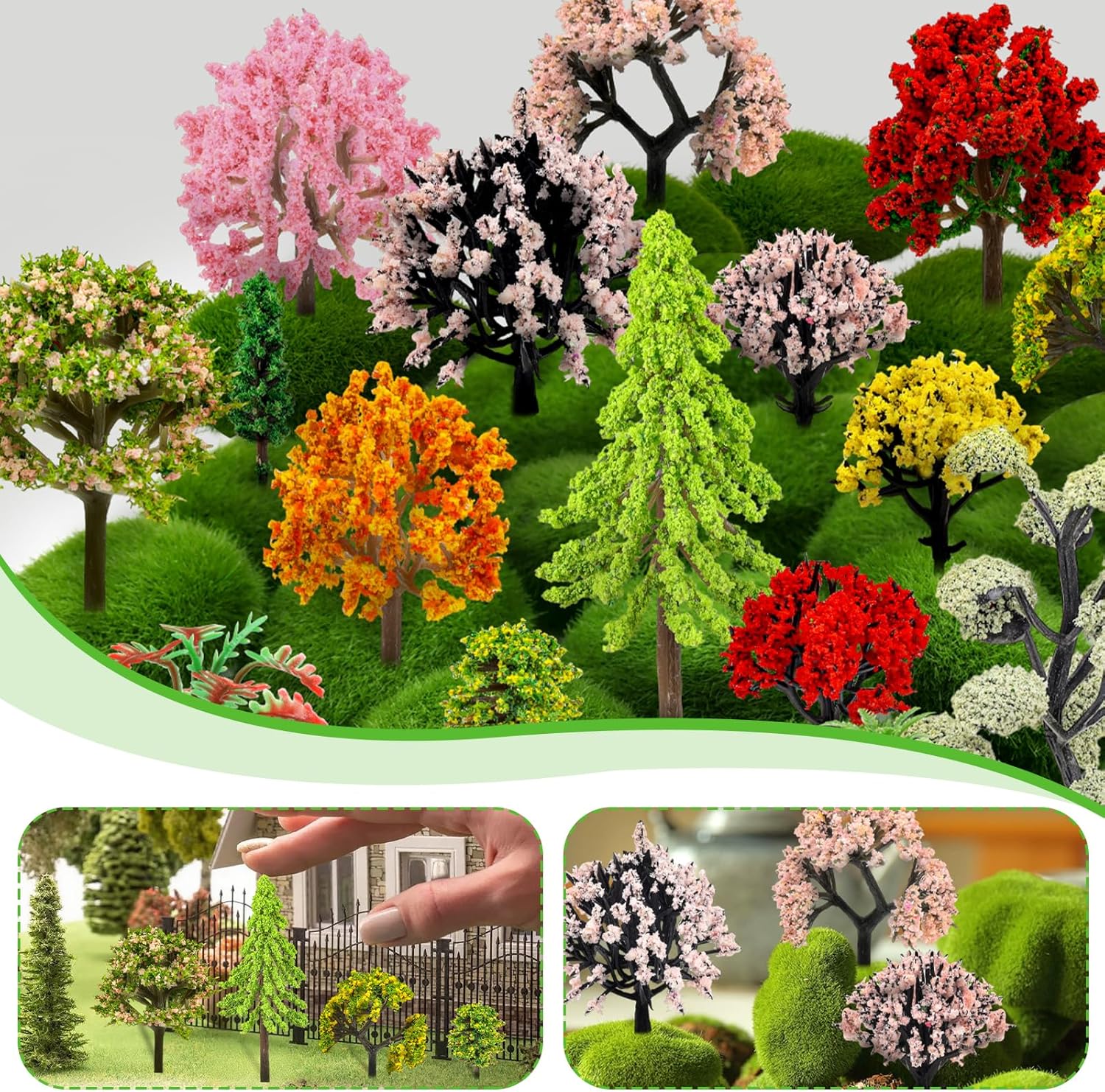 QUOZUO 42Pcs Model Miniature Trees with Moss Stones, Train Scenery, Mixed Model Colourful Trees for Building, Natural Green Landscape, Railroad Scenery