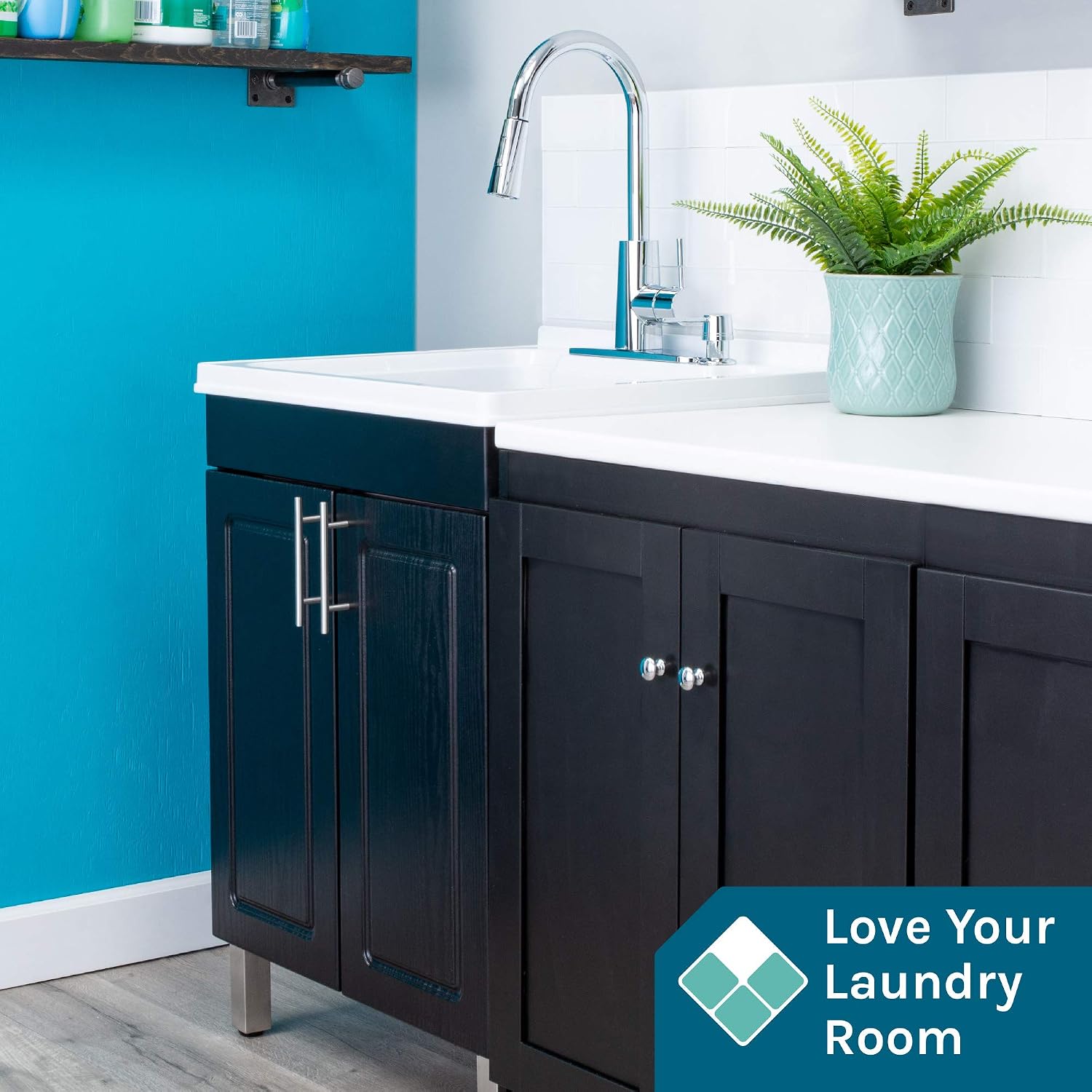 JS Jackson Supplies Black Utility Sink Vanity Cabinet with White Laundry Tub, Chrome High-Arc Pull-Down Sprayer Faucet for Laundry Room, Mudroom, Basement