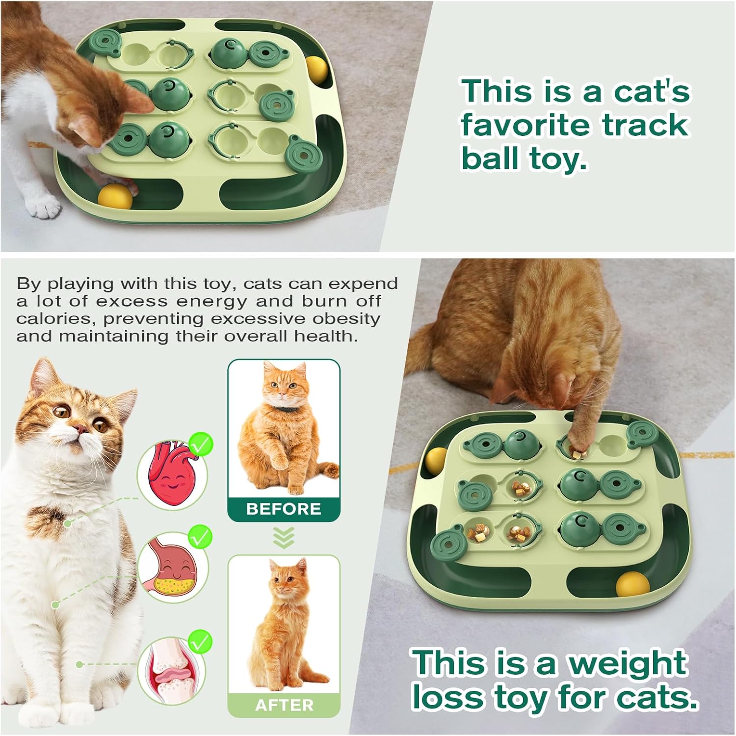 2-in-1 Cat Puzzle Feeder - Interactive Intelligence Toy with Rolling Ball Track & Treat Dispenser | Dual-Level Mental Stimulation for Indoor Cats' Boredom Relief (Dark Green)