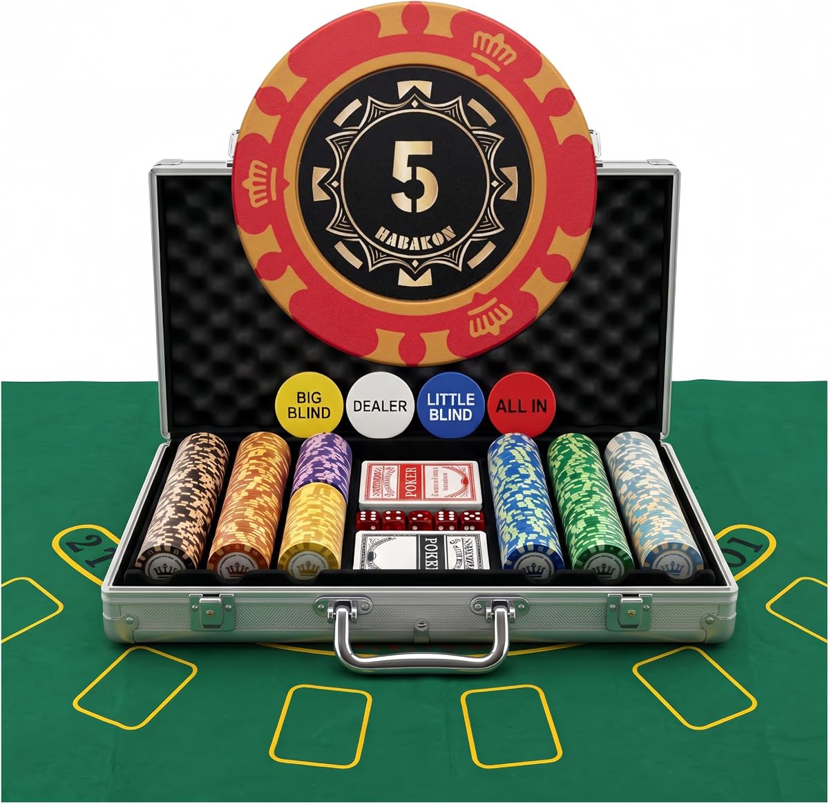 Juego de fichas de póquer de 300 piezas Texas Holdem para juegos de azar de Blackjack | Juego de póquer que incluye fichas de colores, estuche de aluminio y dados de póquer