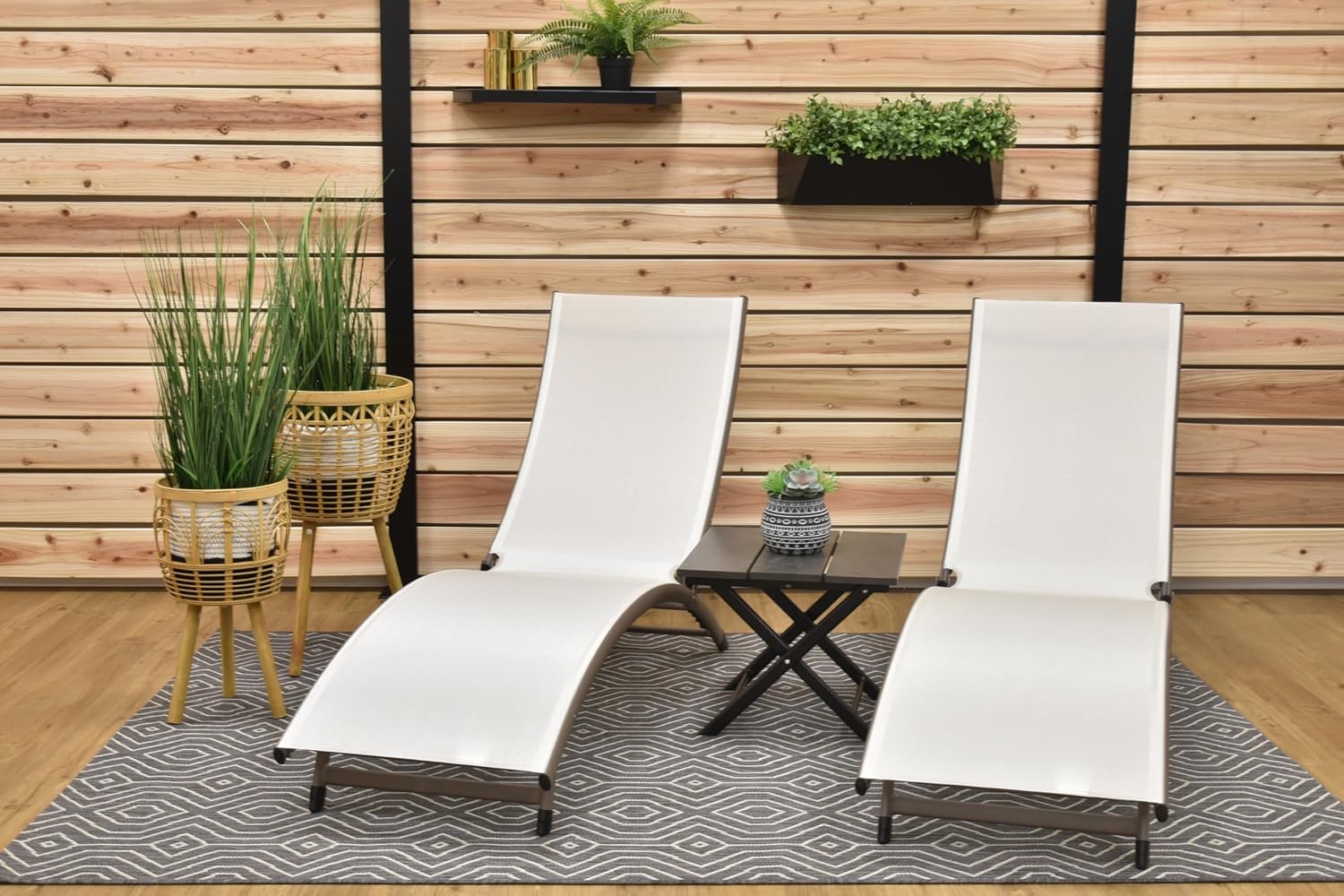 Vivere Adjustable and Stackable Coral Springs Lounger Set with Table, Made with Premium Durable Outdoor Fabric - 265 lb Capacity (Pearl)