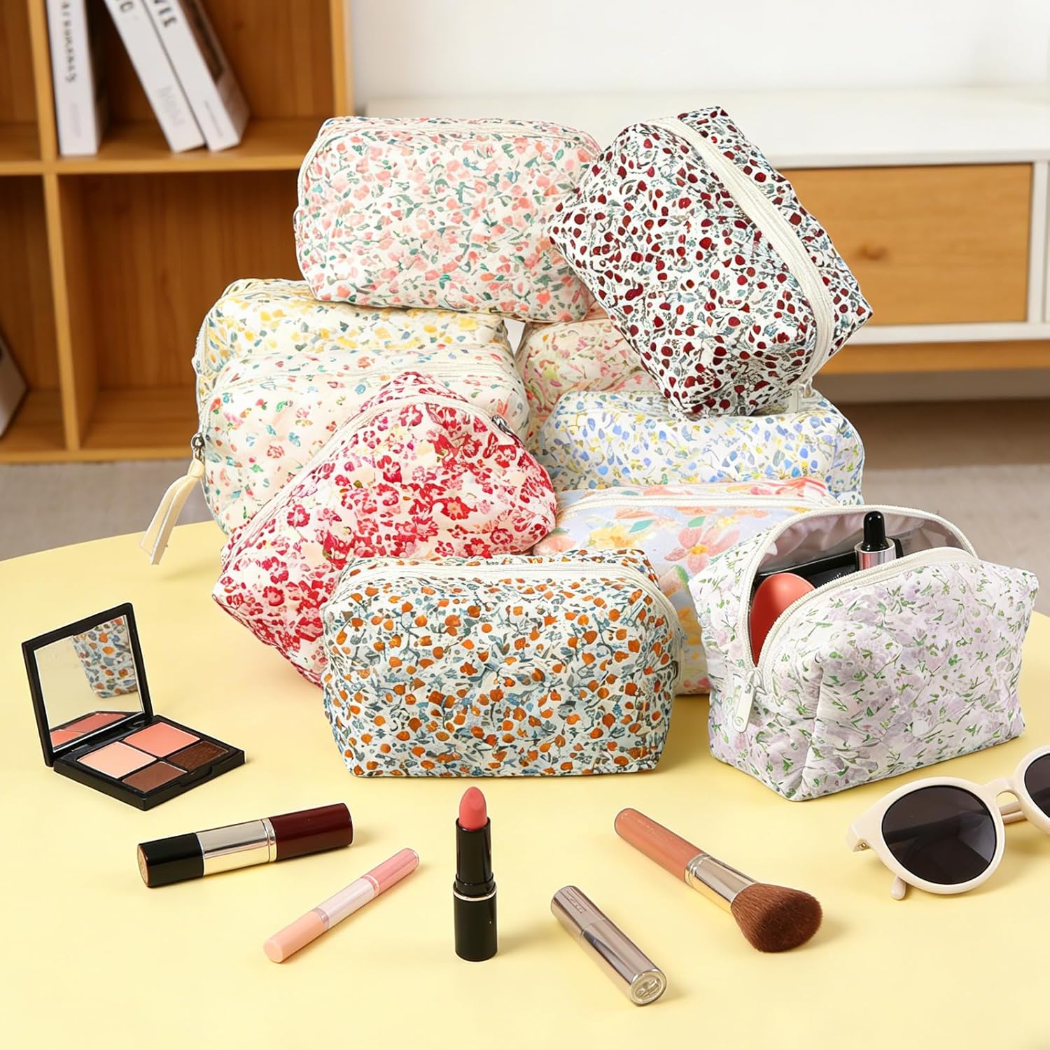 10 Packs Quilted Makeup Bag Different Stylish Floral Designs Flower Theme Toiletry Cosmetic Bag Aesthetic Makeup Pouch Floral Emergency Kit Pouch for Traveling
