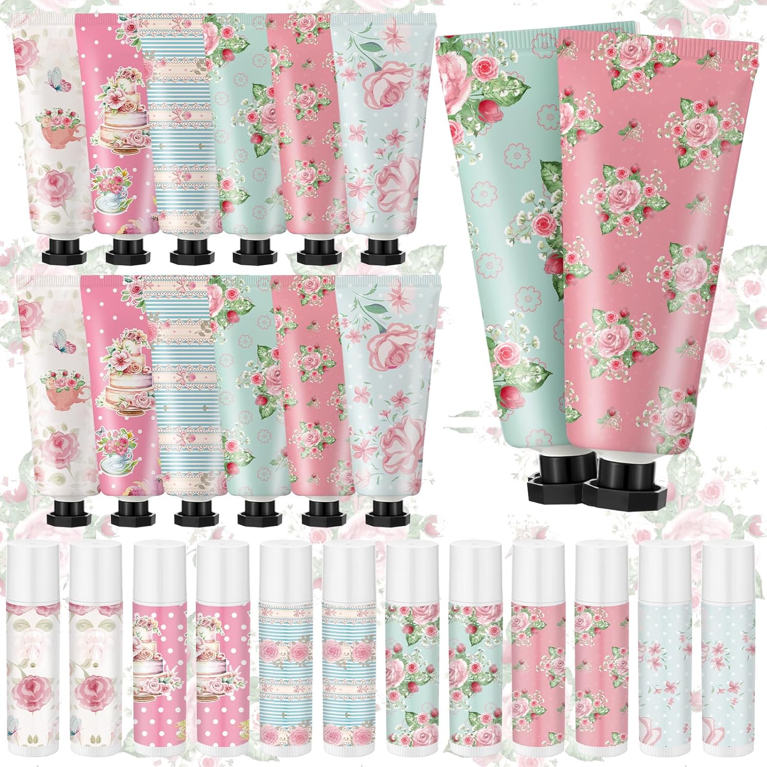 48 Sets Tea Party Favors Mini Hand Cream Lip Balm Bulk Gift Set for Women Travel Size Hand Lotion Vintage Floral Moisturizing Lip Balm Gifts for Mothers Day Teacher Wedding Baby Shower