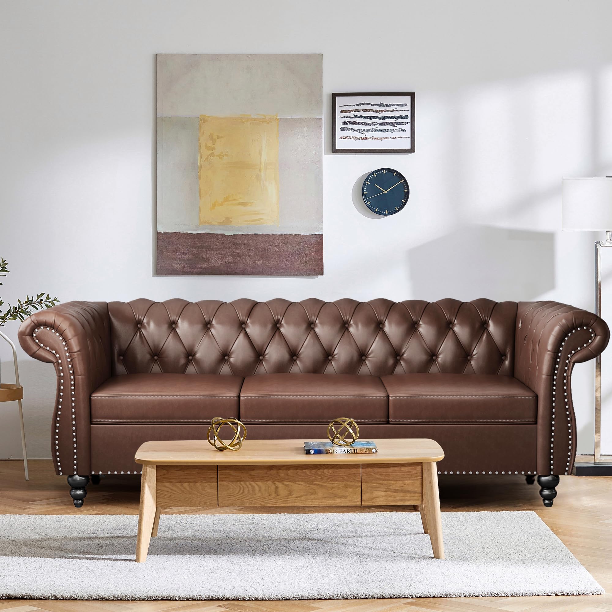 SUJOUCRAFT 3-Seater Sofas for Living Room, Chesterfield Leather Sofa, Large Couch with Rolled Arms Deep Button Tufting Nailhead Trim for Living Room,